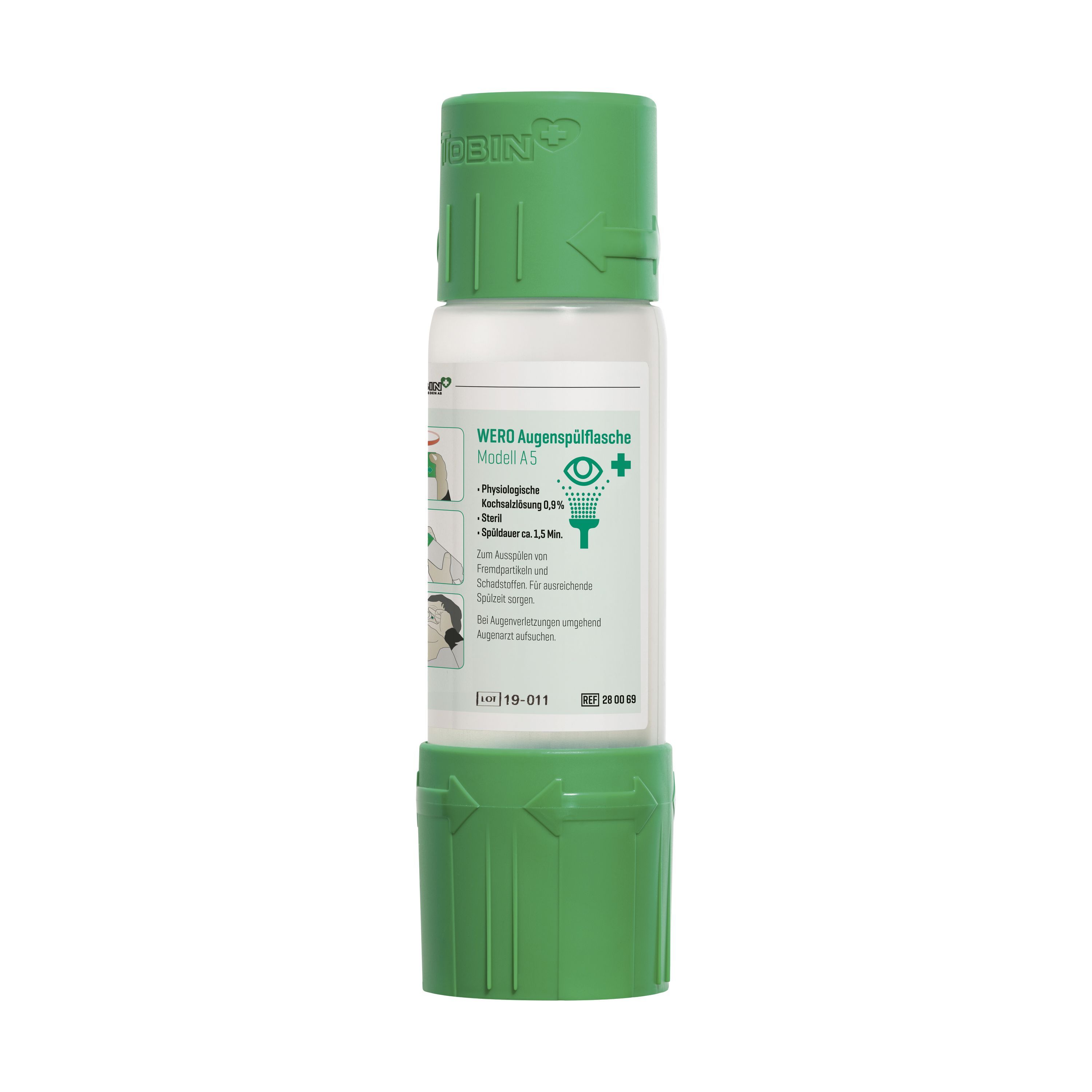 Zylindrische Flasche mit grünem Deckel und Boden. Aufschrift: WERO Augenspülflasche Modell A5. Etikett mit Produktinformationen.