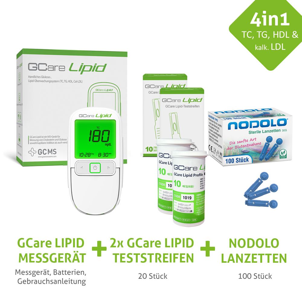 Gcare LIPID Gesamtcholesterin Messsystem mit Teststeifen und Lanzetten und Etui