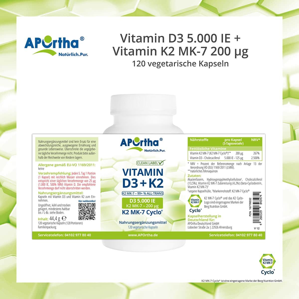 Etikett auf einer Flasche APOrtha Vitamin D3+K2 Kapseln. Informationen zu Inhaltsstoffen und Nährwerten. 120 vegetarische Kapseln.