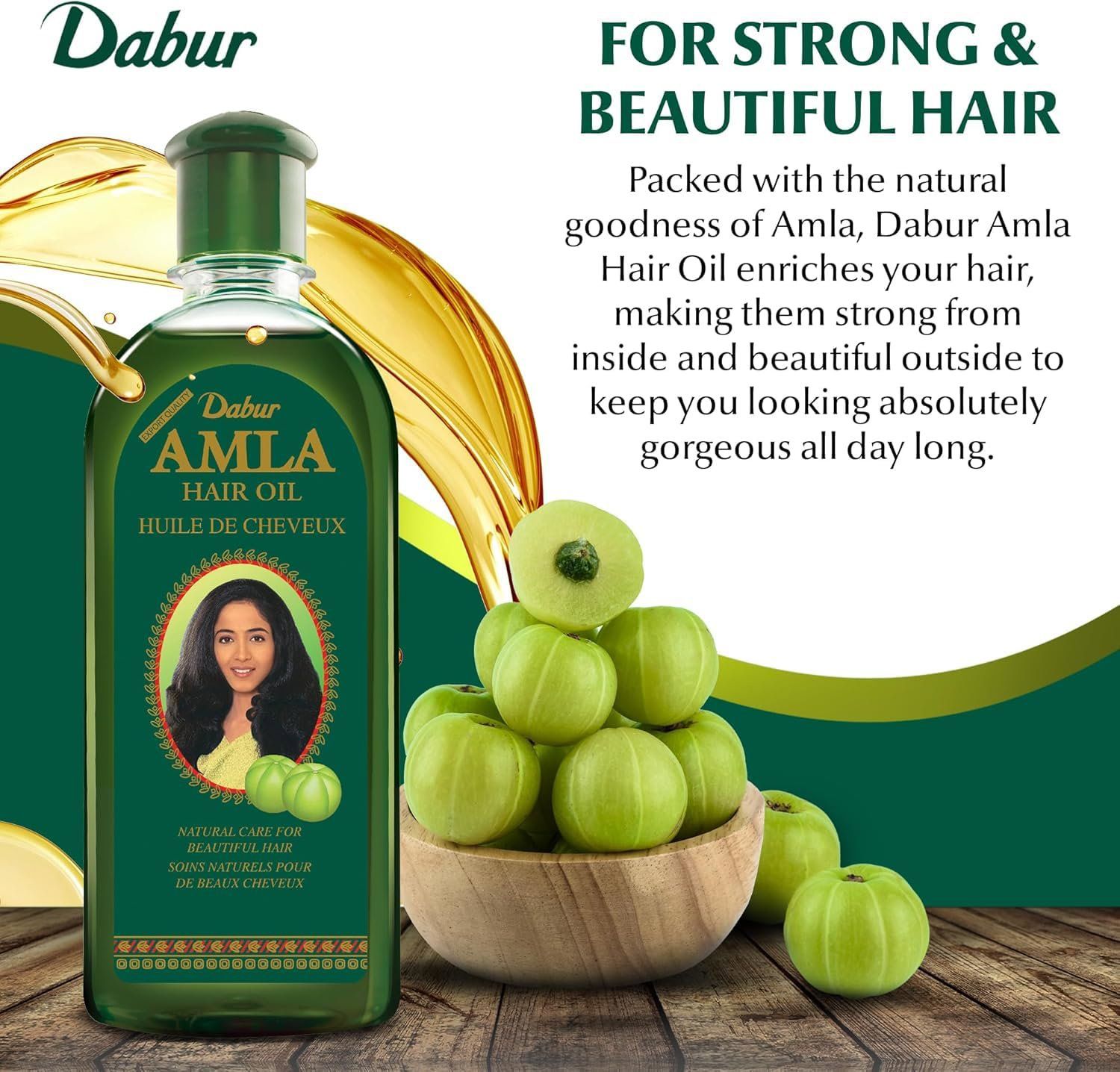 Dabur Amla Haaröl-Flasche und grüne Früchte in einer Schüssel. Text: Für starkes und schönes Haar.