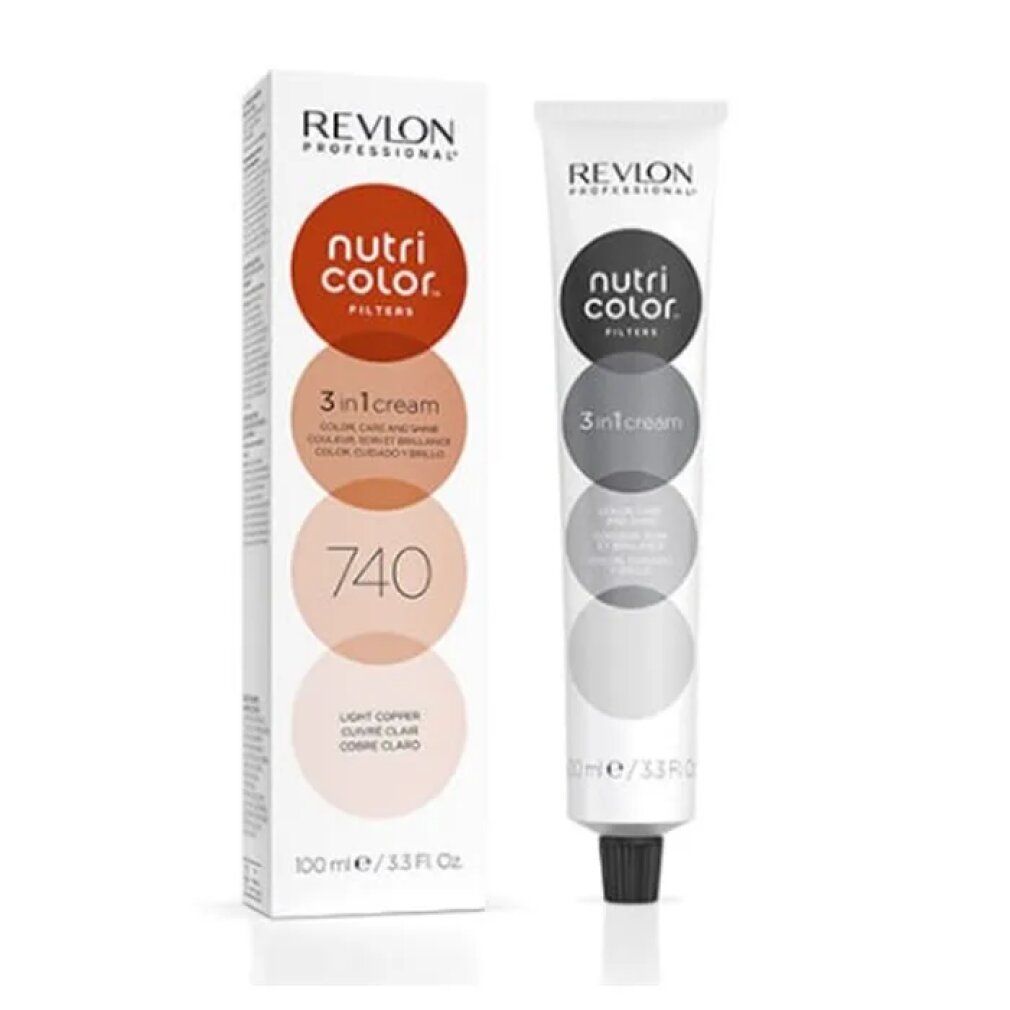 Produktverpackung und Tube. Revlon Nutri Color Filters, 3-in-1-Creme. Farbton 740. Weiße Verpackung.