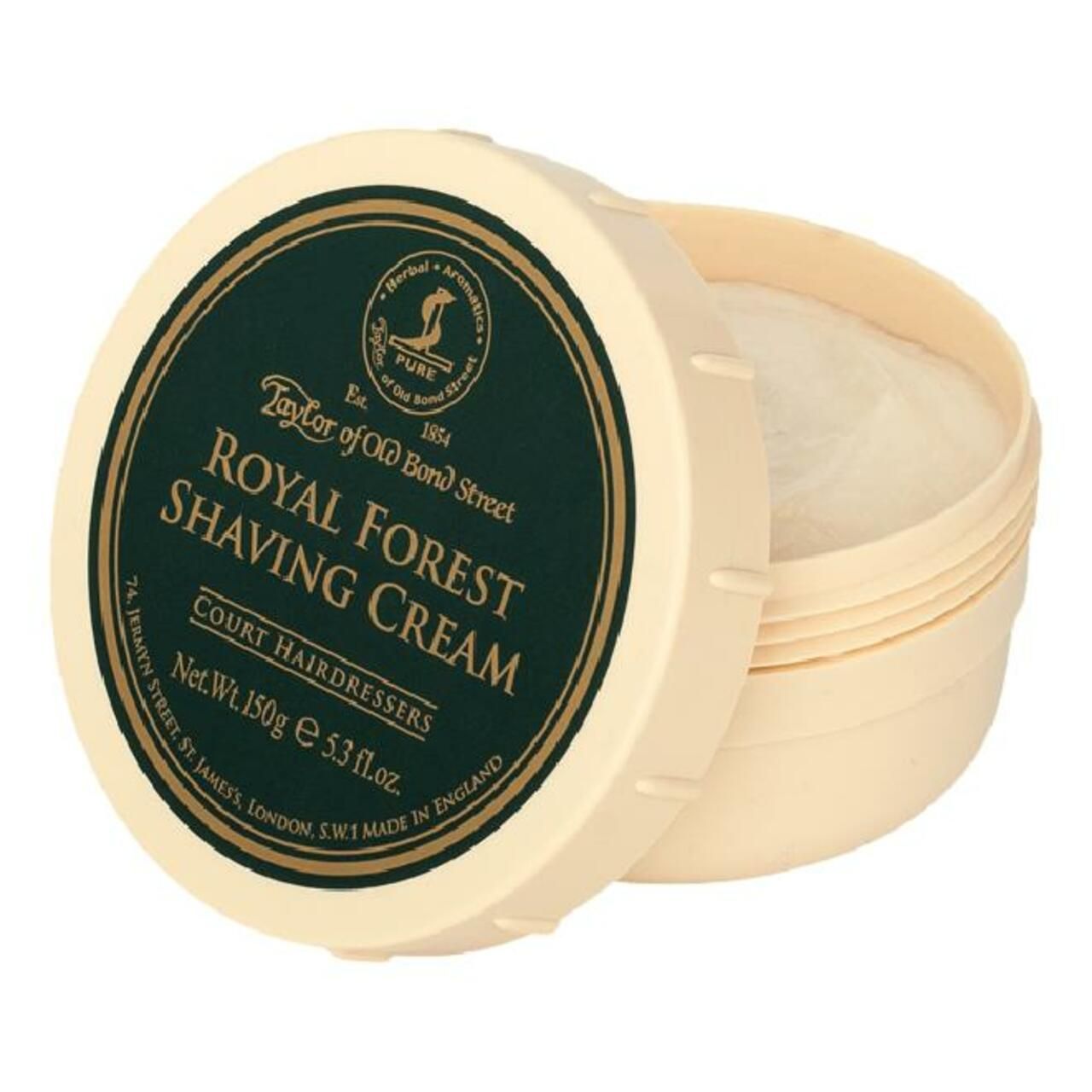 Beige Dose mit grünem Deckel, "Royal Forest Shaving Cream" von Taylor of Old Bond Street. Deckel geöffnet, Creme sichtbar.
