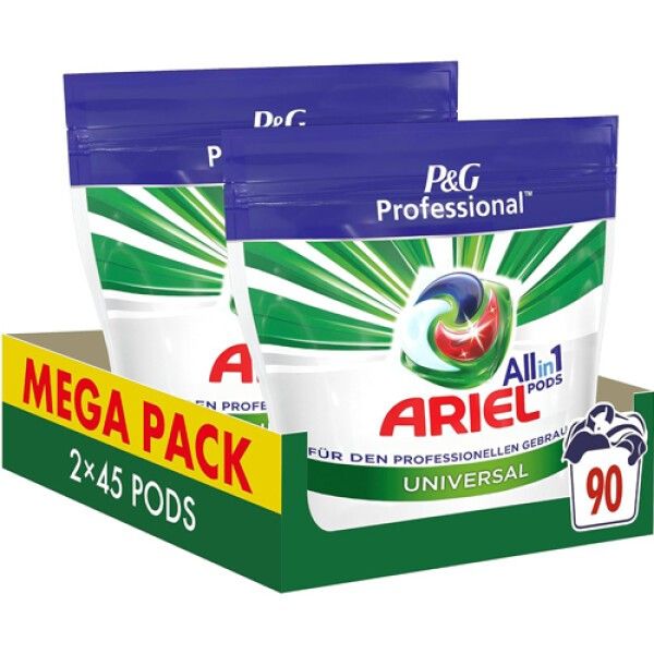 Zwei Packungen Ariel Professional All-in-1 Pods in einer Kartonverpackung. Aufschrift: MEGA PACK, 2x45 PODS, 90.