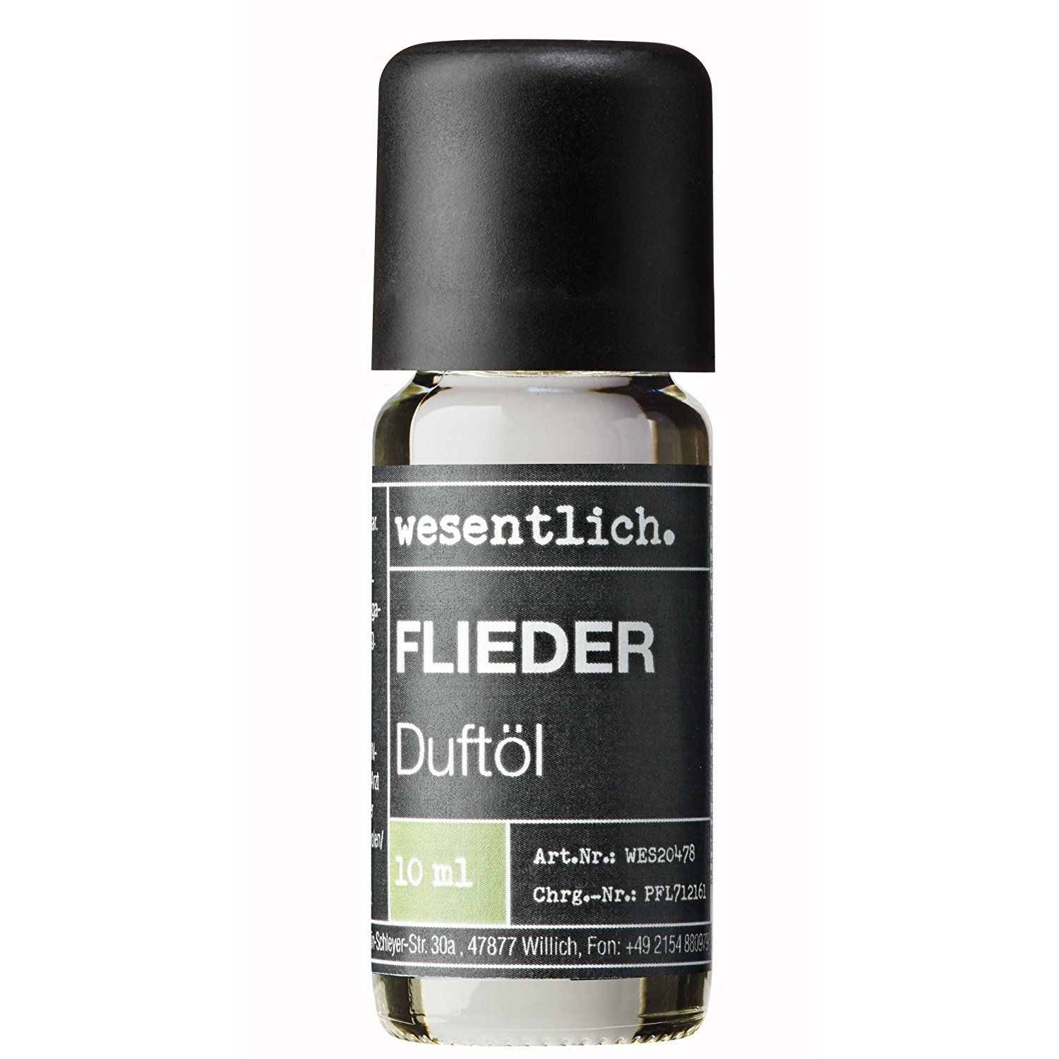 Kleine Glasflasche mit schwarzem Deckel. Aufschrift: wesentlich. FLIEDER Duftöl. 10 ml.