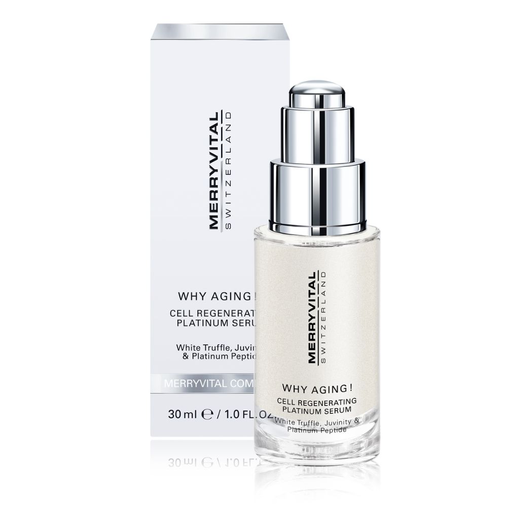 Serumflasche mit Verpackung. Aufschrift: MERRYVITAL SWITZERLAND, WHY AGING! CELL REGENERATING PLATINUM SERUM. 30 ml / 1.0 FL. OZ.