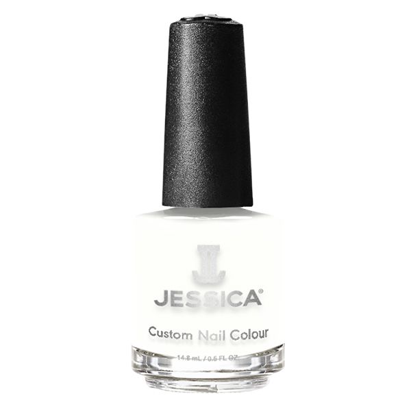 Weiße Nagellackflasche mit schwarzem Deckel. Aufschrift: JESSICA Custom Nail Colour. Volumen: 14.8 ml / 0.5 FL OZ.