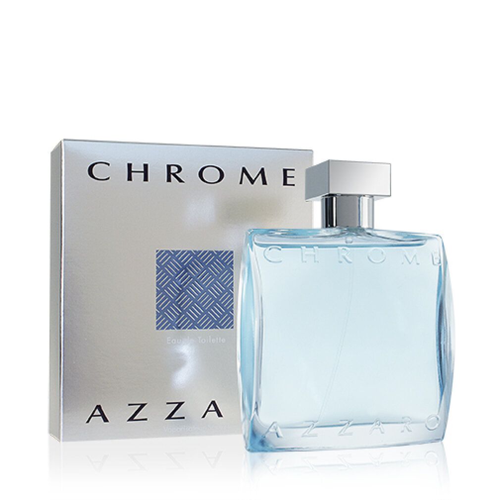 Flakon und Verpackung. Flakon mit blauer Flüssigkeit, silbernem Verschluss. Verpackung mit "CHROME" und "AZZARO" Schriftzug.