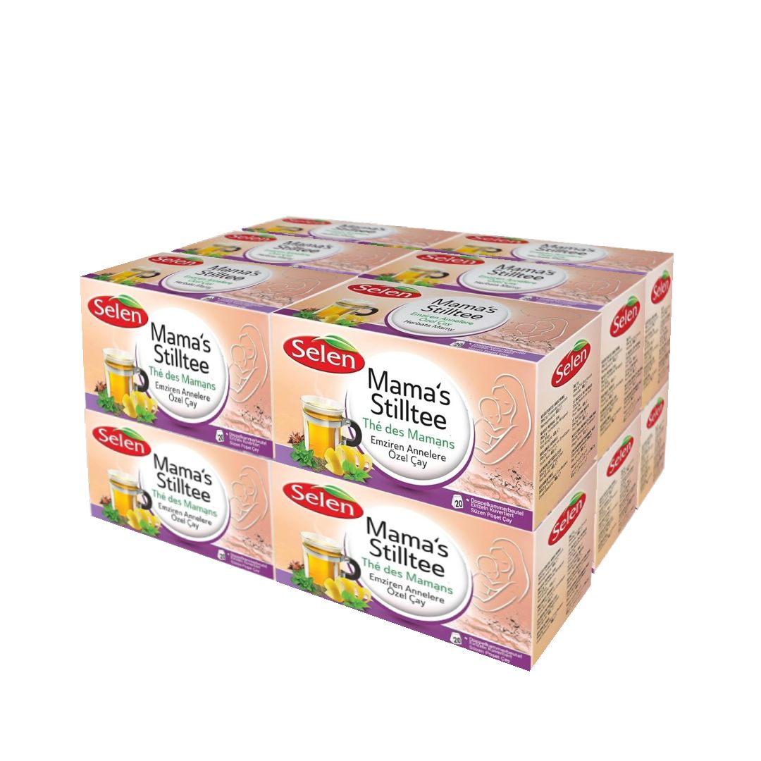 Mehrere Packungen Tee. Aufdruck: Mama's Stilltee, Selen. Verpackung mit Abbildung einer Tasse Tee.