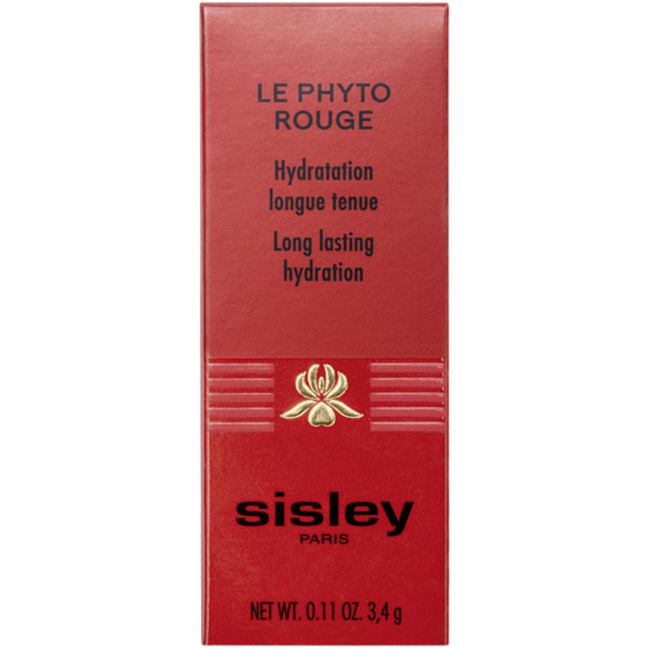 Rote Pappschachtel mit Produktnamen Le Phyto Rouge. Text: Hydratation longue tenue, Long lasting hydration. Sisley Paris-Logo.