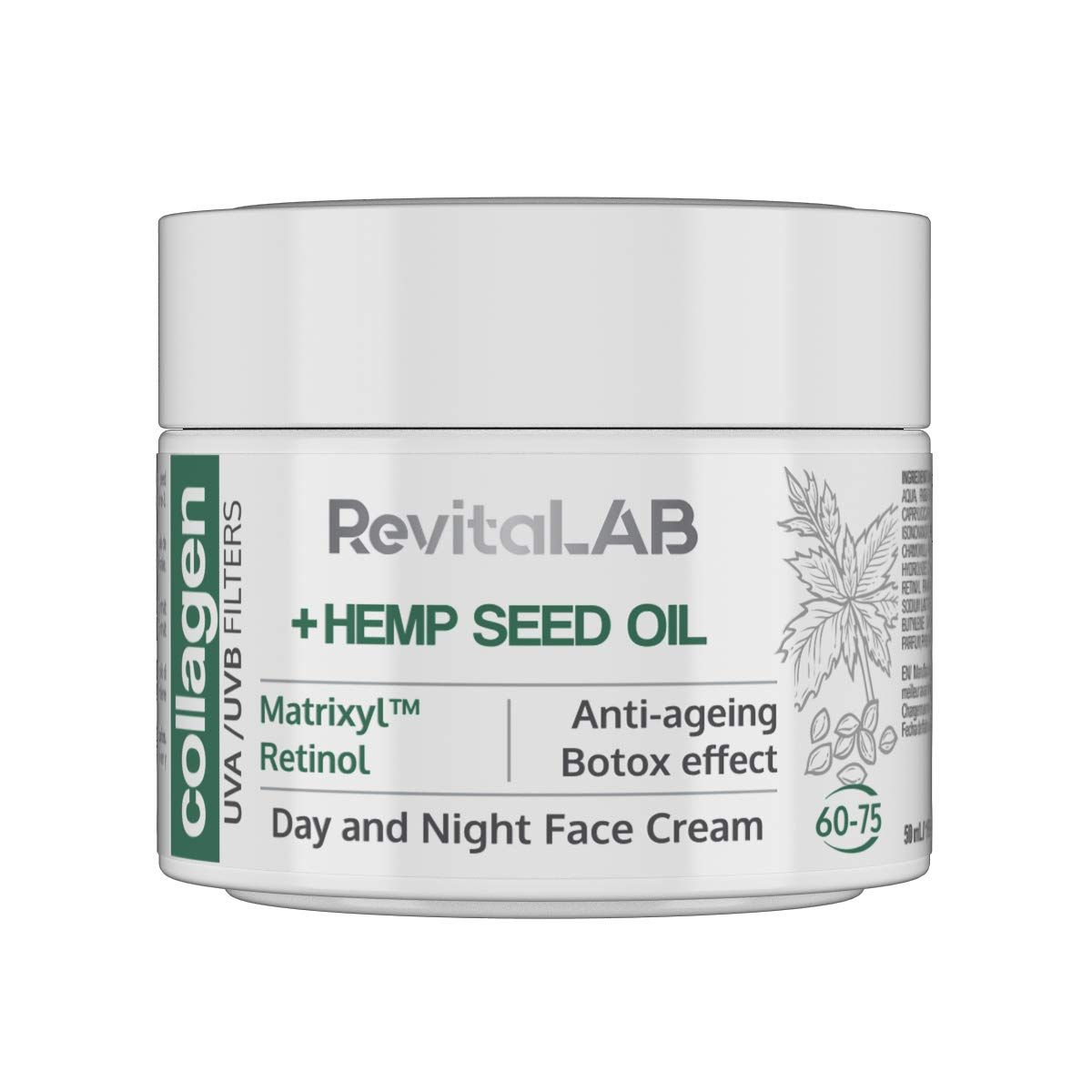 Cremebehälter mit weißem Deckel. Aufschrift: RevitaLAB + HEMP SEED OIL, Matrixyl, Retinol, Anti-Ageing, Botox-Effekt, Day and Night Face Cream.