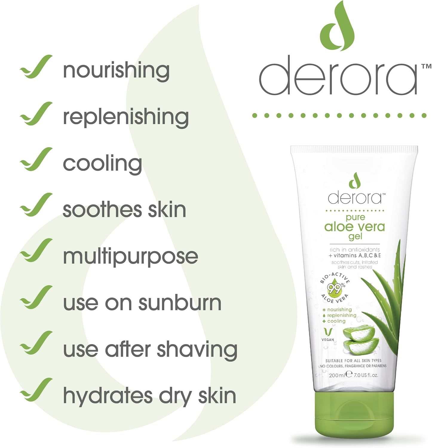 Tube Derora Aloe Vera Gel mit grünen Häkchen. Text: Pure Aloe Vera Gel, 99% bio-aktives Aloe Vera, vegan.