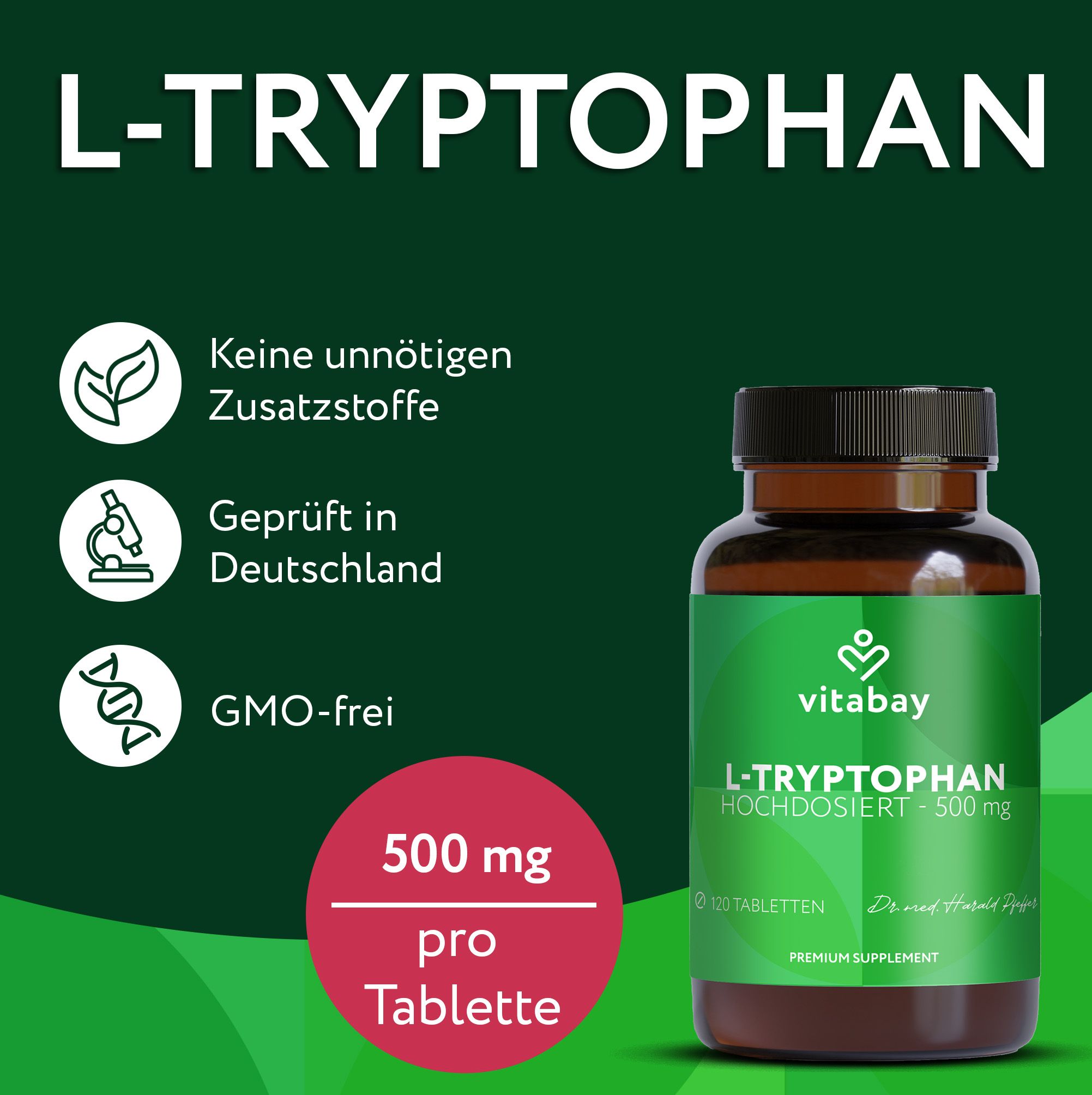Vitabay L-Tryptophan 500 mg Flasche mit Icons für "Geprüft in Deutschland" und "GMO-frei".