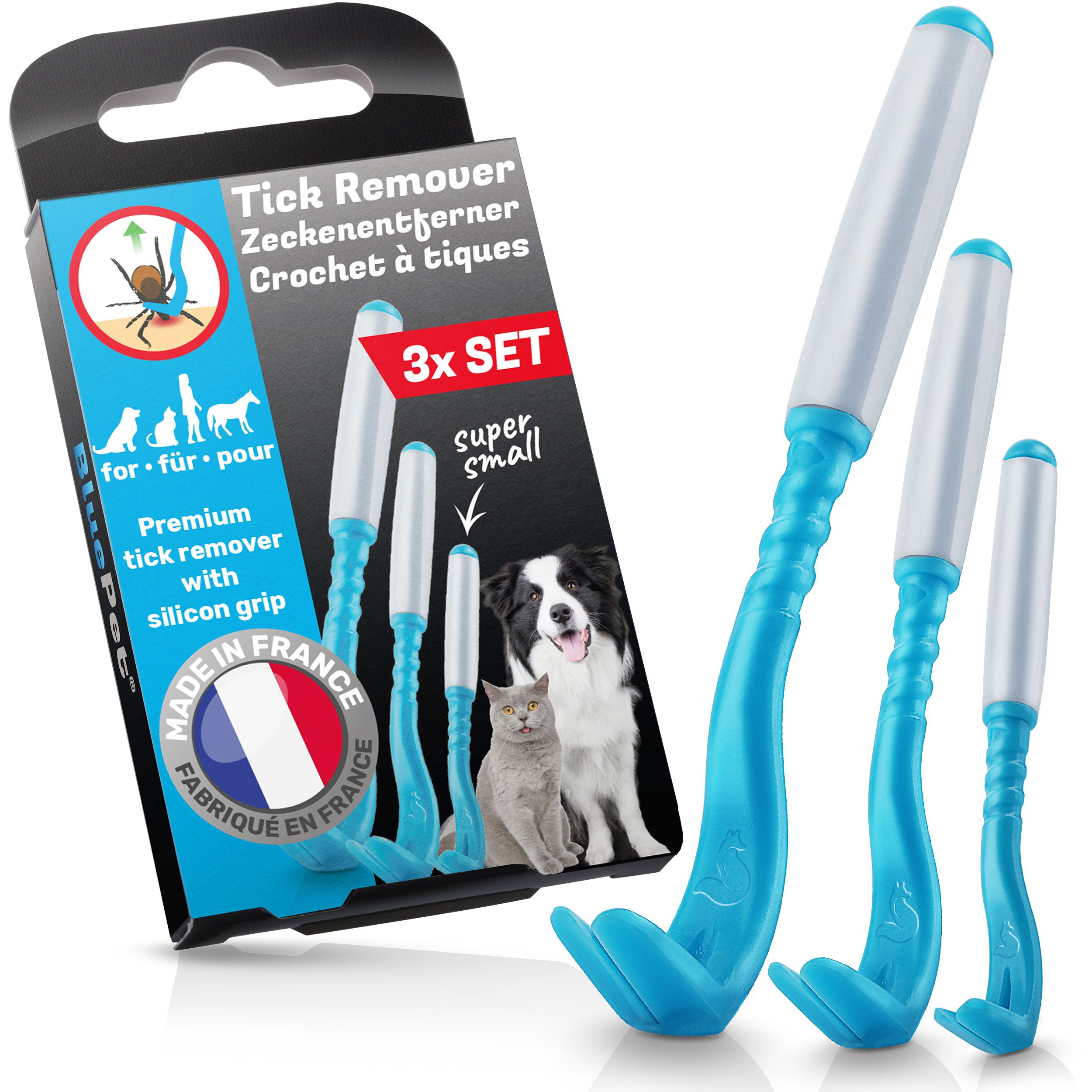 Drei blaue Zeckenhaken mit weißem Griff. Verpackung mit Produktabbildung, Text "3x SET" und "Made in France".