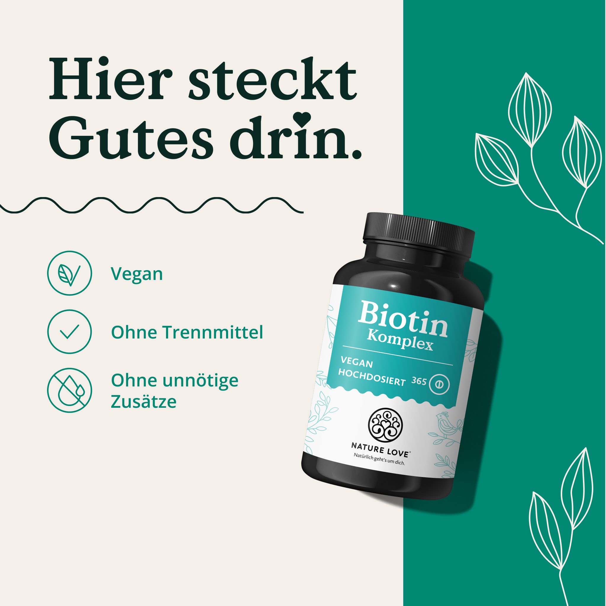 Flasche Biotin Komplex mit Siegeln: Vegan, ohne Trennmittel, ohne unnötige Zusätze.