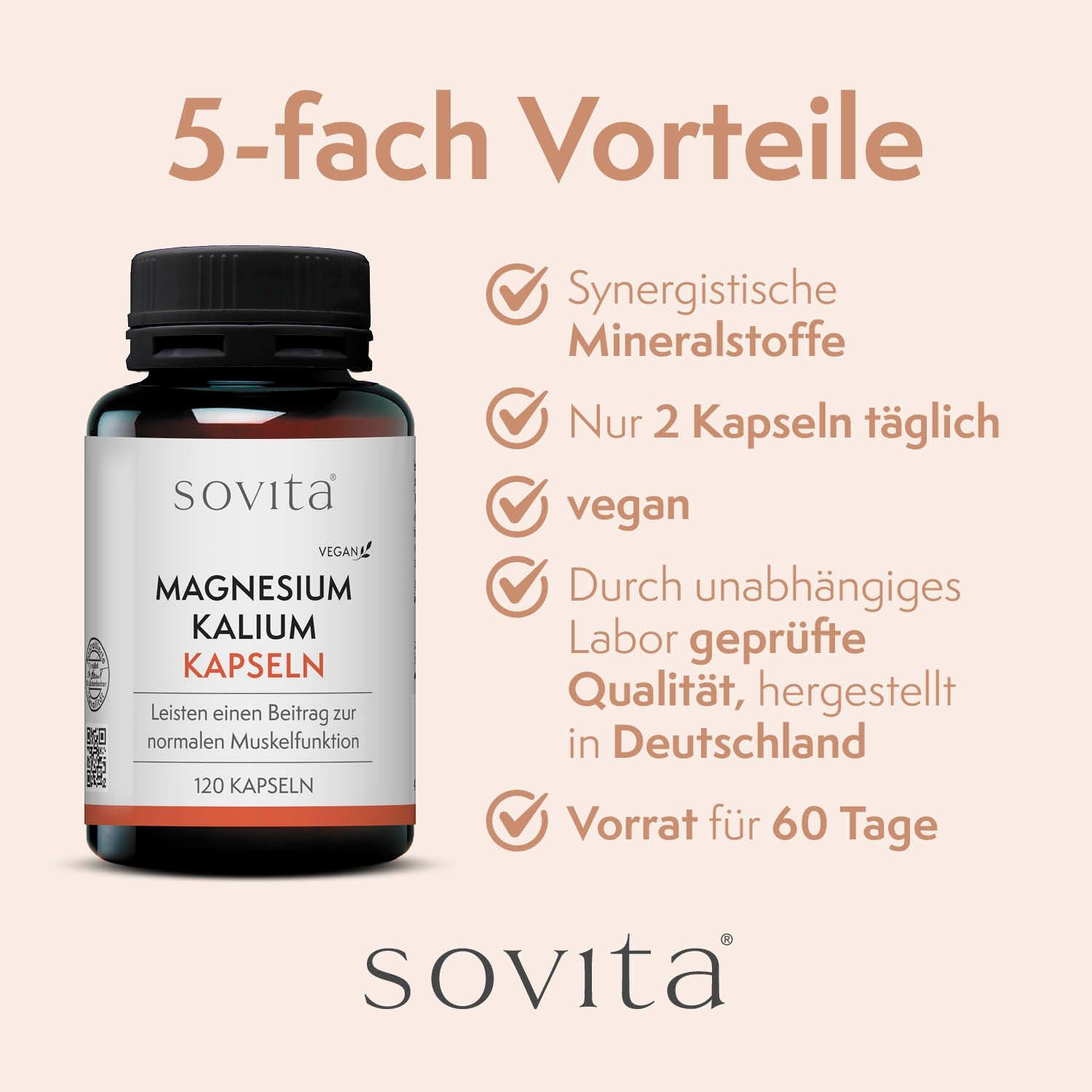 Sovita Magnesium Kalium Kapseln in einer schwarzen Flasche. Text: 120 Kapseln, vegan, hergestellt in Deutschland. 5-fach Vorteile.