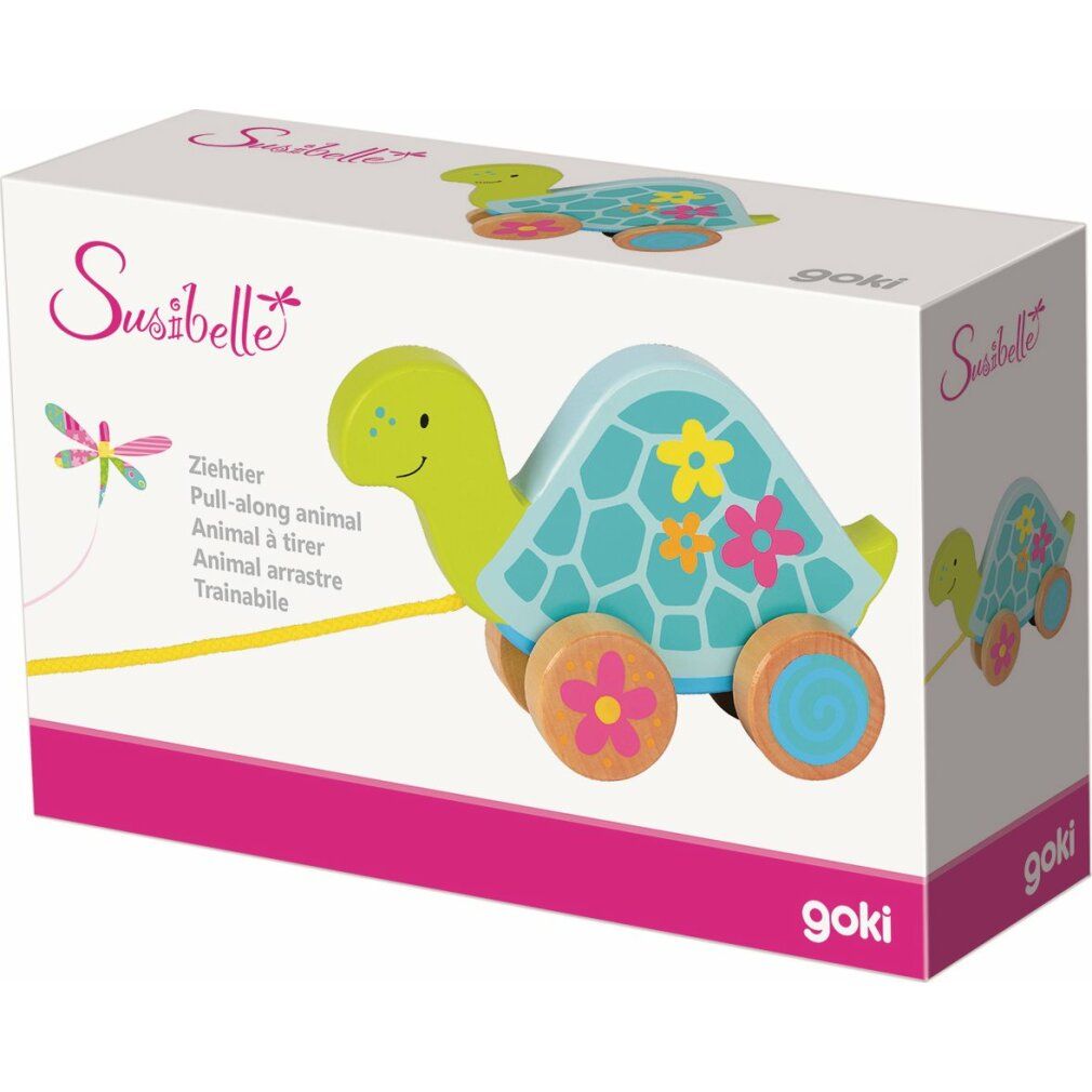 Verpackung mit Susibelle-Schildkröte zum Ziehen. Aufschrift Susibelle, Goki. Mehrsprachige Produktbezeichnungen.