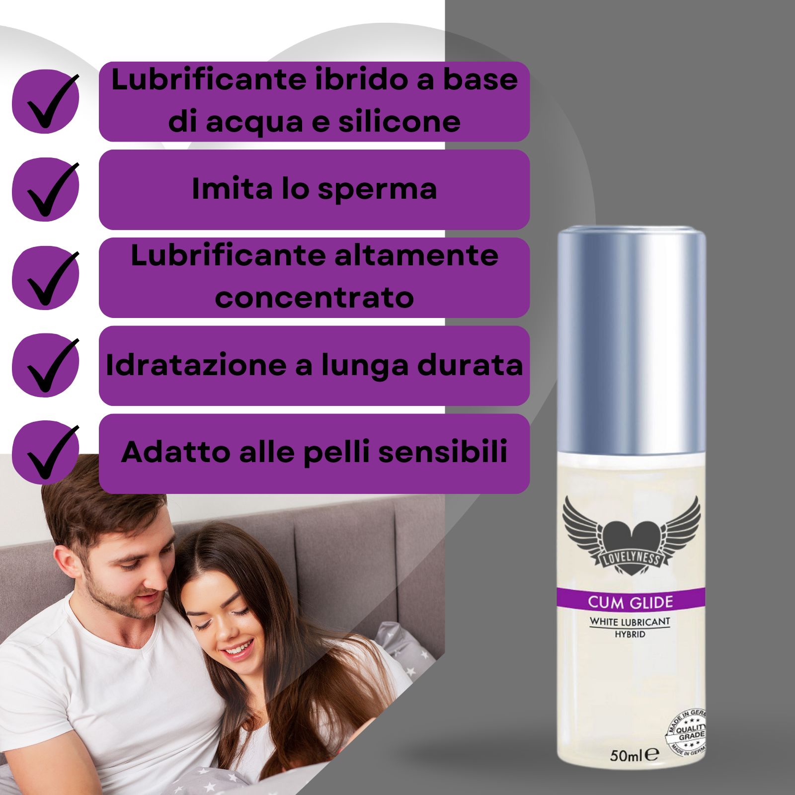 Gleitgel-Flasche. Text: Cum Glide, White Lubricant Hybrid. Mit Herz-Flügel-Logo. Hintergrund: Paar, Text-Banner.