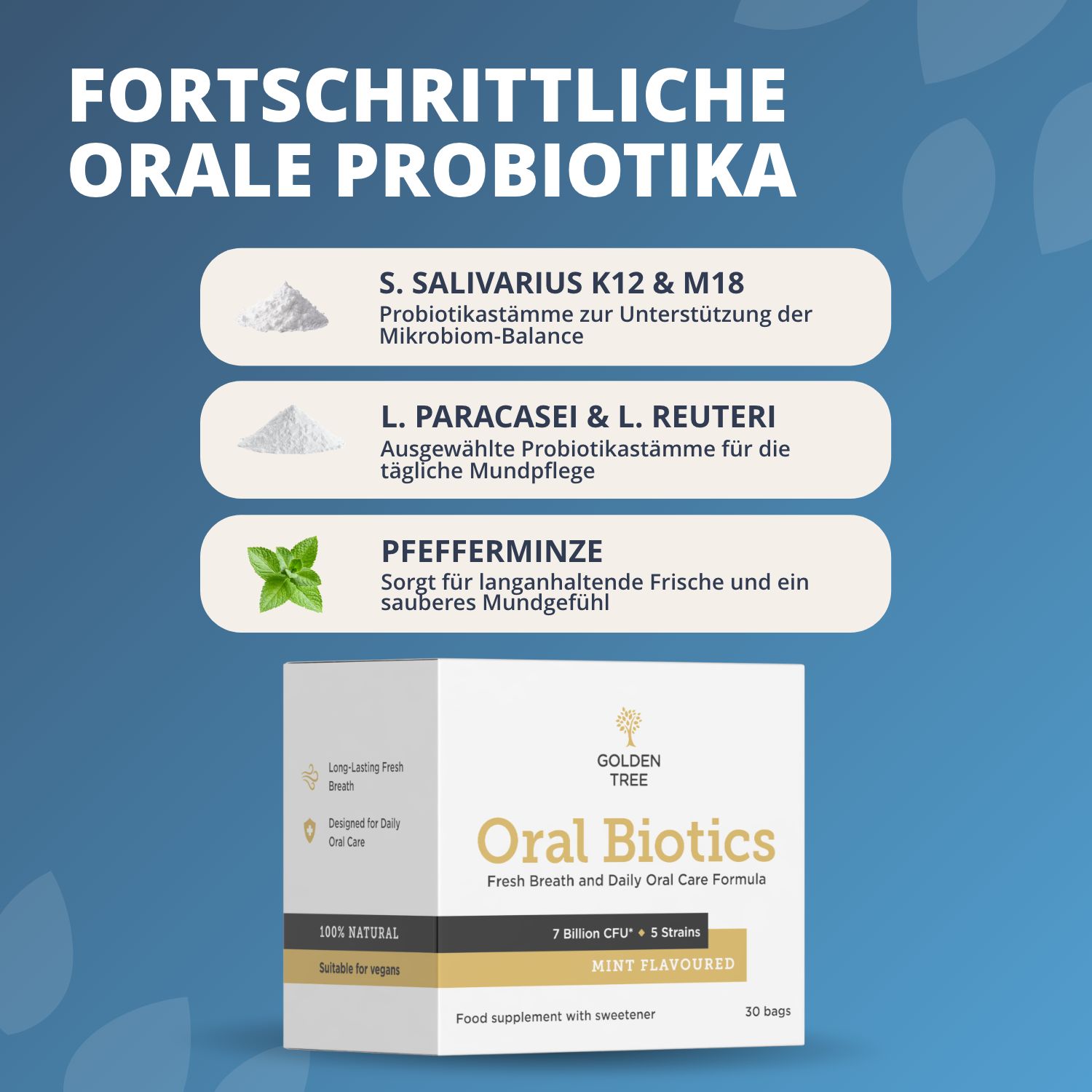 Fortschrittliche orale Probiotika: S. Salivarius, L. Paracasei, L. Reuteri und Pfefferminze.