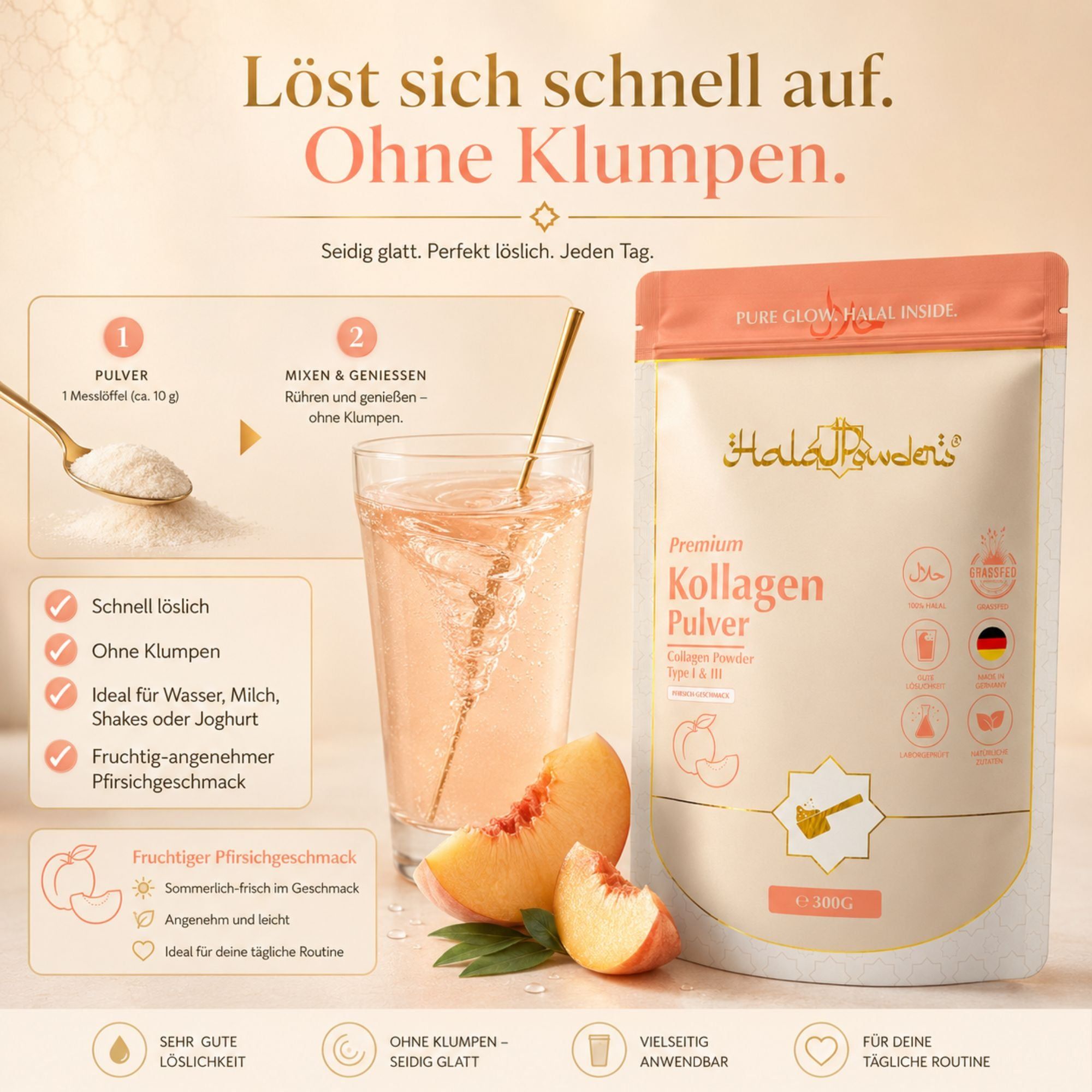 Kollagen Pulver Pfirsich wird schnell in Wasser aufgelöst, ohne Klumpen, mit Pfirsichgeschmack.