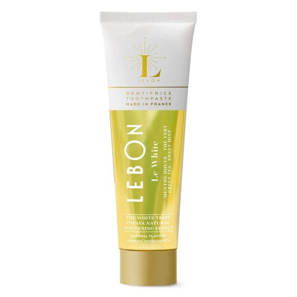 Zahncreme-Tube LEBON Le White. Weiß-goldene Tube mit Schriftzug und Logo. Text: Menthe Douce, The Vert, Green Tea, Sweet Mint.