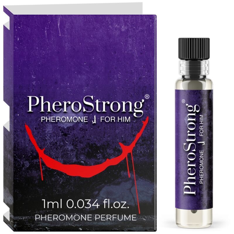 PheroStrong Pheromon Parfüm für Ihn, 1ml Fläschchen und Verpackung.