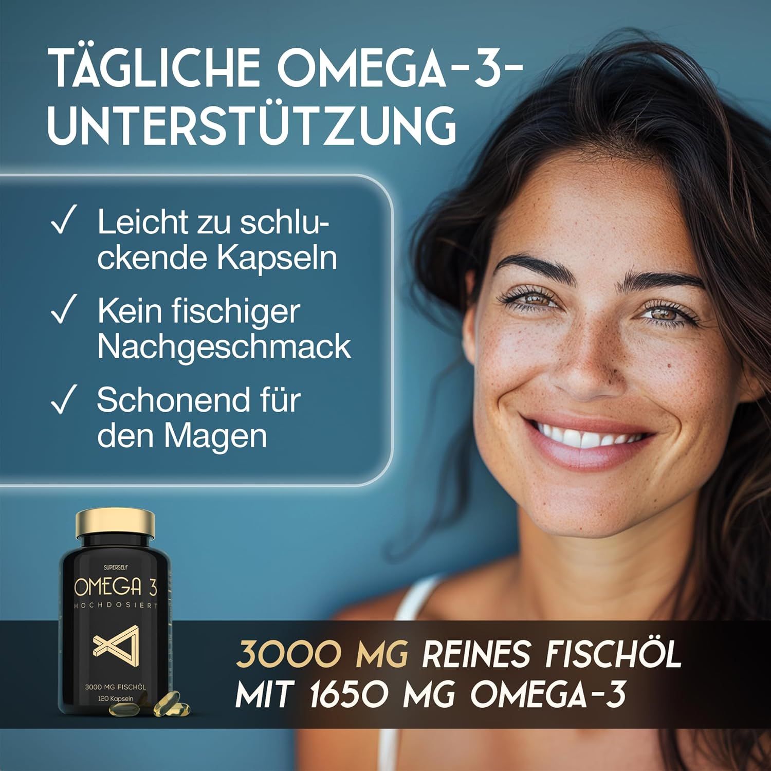 Frau lächelt. Rechts: Produktflasche mit Kapseln. Text: Tägliche Omega-3-Unterstützung, leicht zu schluckende Kapseln, kein fischiger Nachgeschmack, schonend für den Magen.