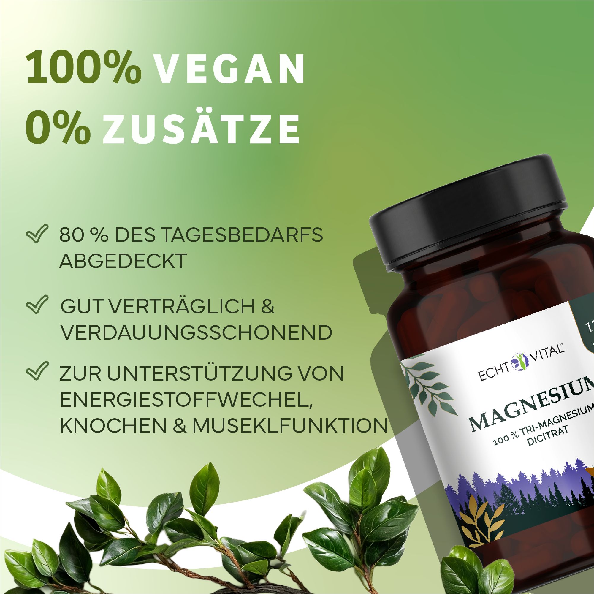 Braune Flasche mit Etikett. Text: Echt Vital Magnesium, 100% Tri-Magnesium Dicitrat. Grün-weiße Aufschrift. Vegan, ohne Zusätze.