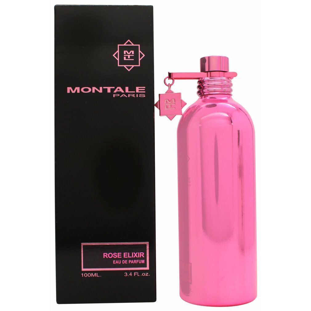 Rosafarbener Flakon mit Sprühkopf und schwarzer Verpackung. Aufschrift: Montale Paris, Rose Elixir Eau de Parfum. 100ml, 3.4 fl. oz.