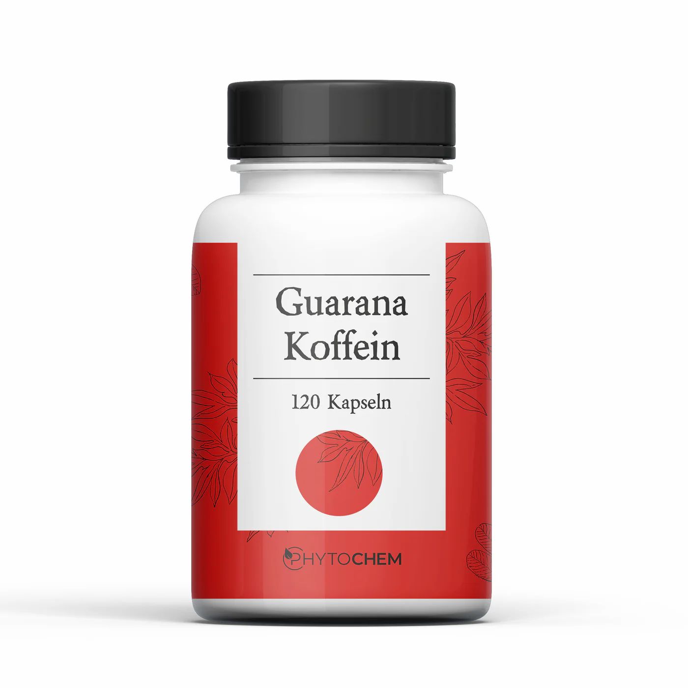 Weiße Flasche mit schwarzem Deckel. Roter Aufkleber mit Text: Guarana Koffein, 120 Kapseln. Logo: Phytochem.