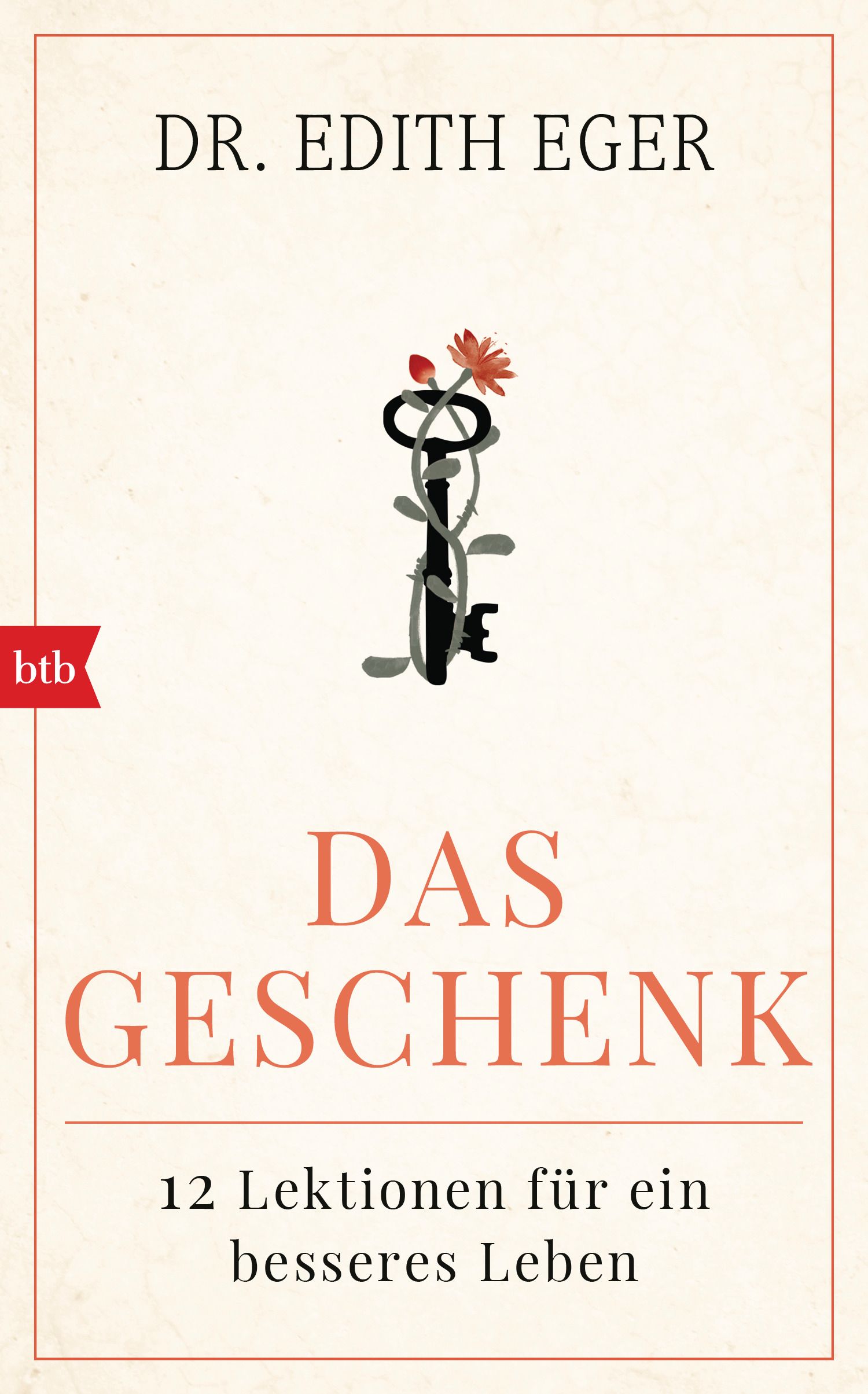 Buchcover: "Das Geschenk" von Dr. Edith Eger. Titel in Rot, Schlüssel-Illustration mit Blüten. btb-Logo links.