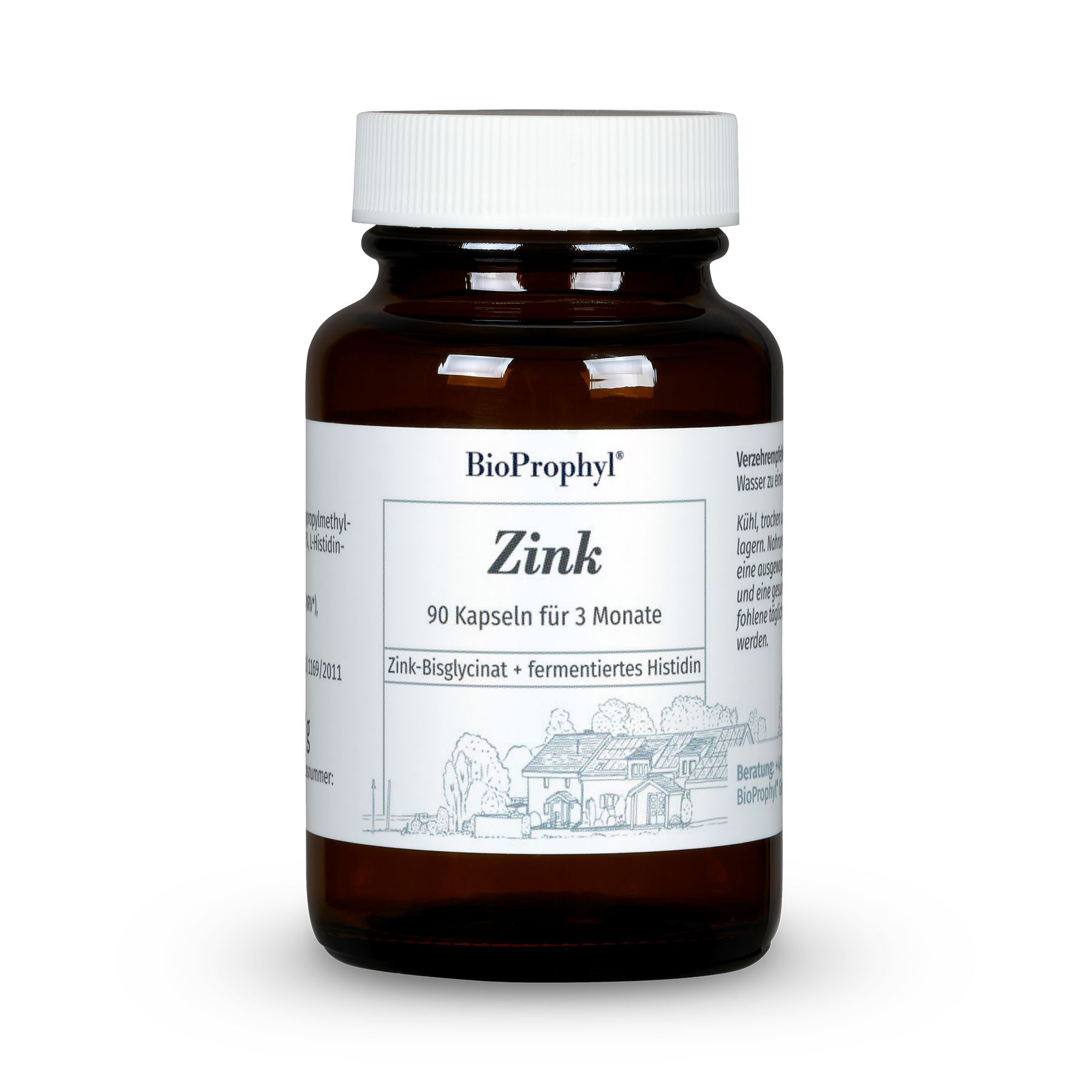 Braune Glasflasche mit weißem Deckel und Etikett. Auf dem Etikett steht "BioProphyl Zink", "90 Kapseln für 3 Monate".