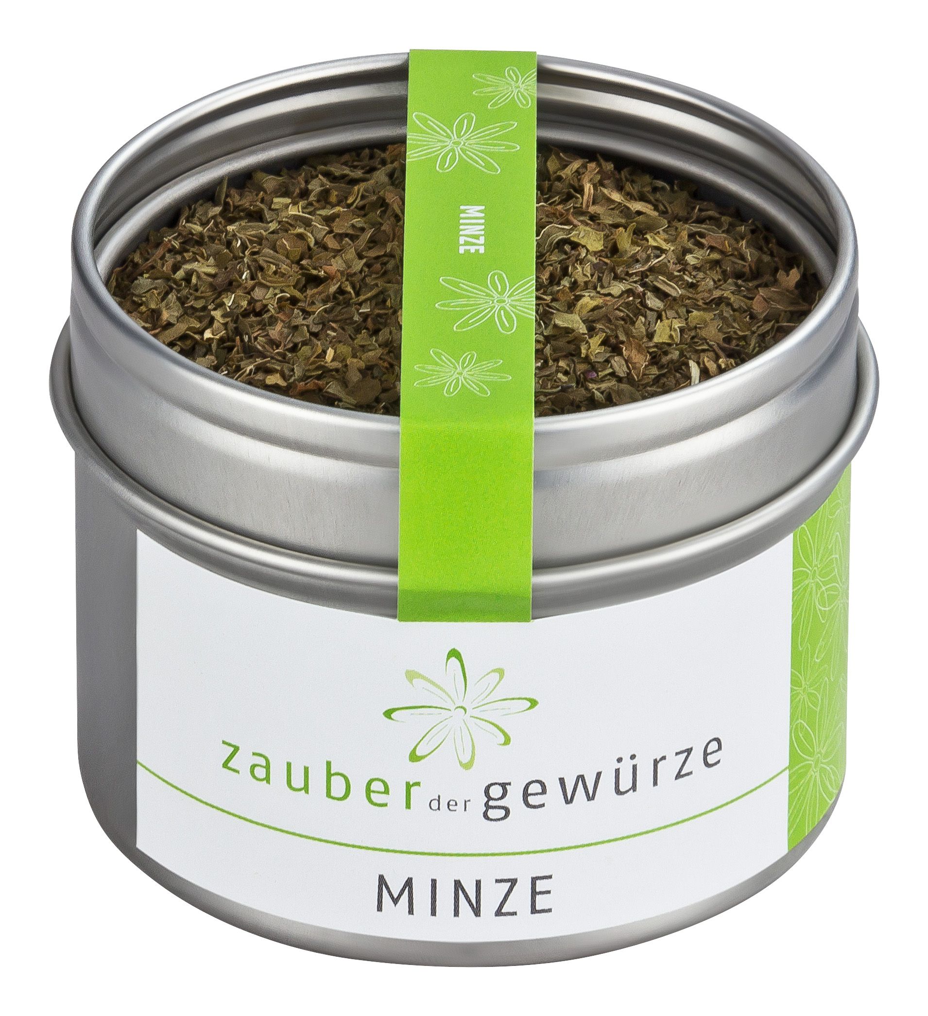 Metallbehälter mit getrockneter Minze. Etikett mit Schriftzug "Zauber der Gewürze Minze". Grünes Band mit Schriftzug "Minze".