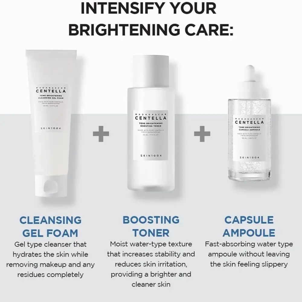 Drei Produkte: Reinigungs-Gel, Boosting Toner und Capsule Ampoule. Aufschrift: CENTELLA, SKIN1004.