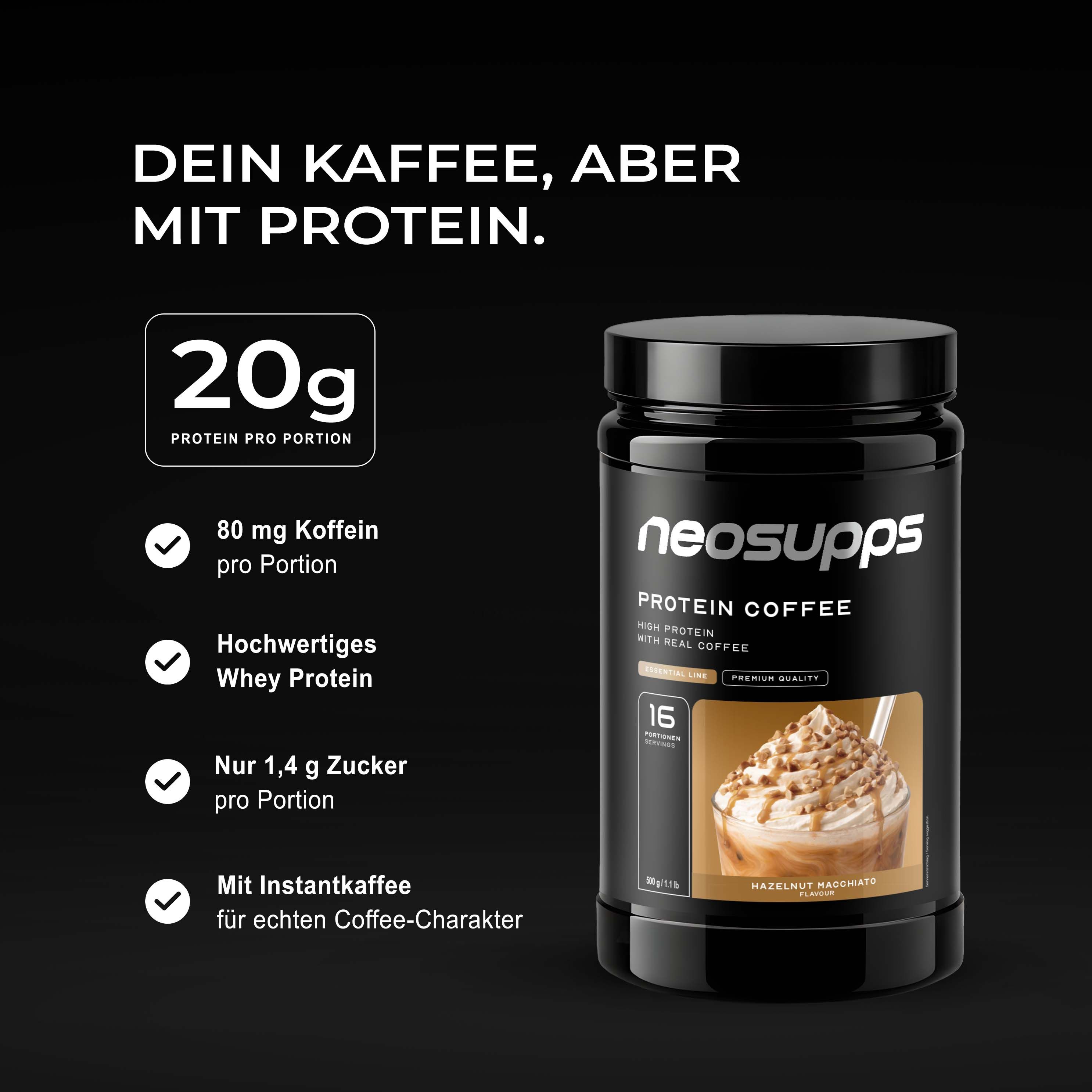 Neosupps Protein Coffee Dose mit Informationen zu Protein, Koffein und Zucker.