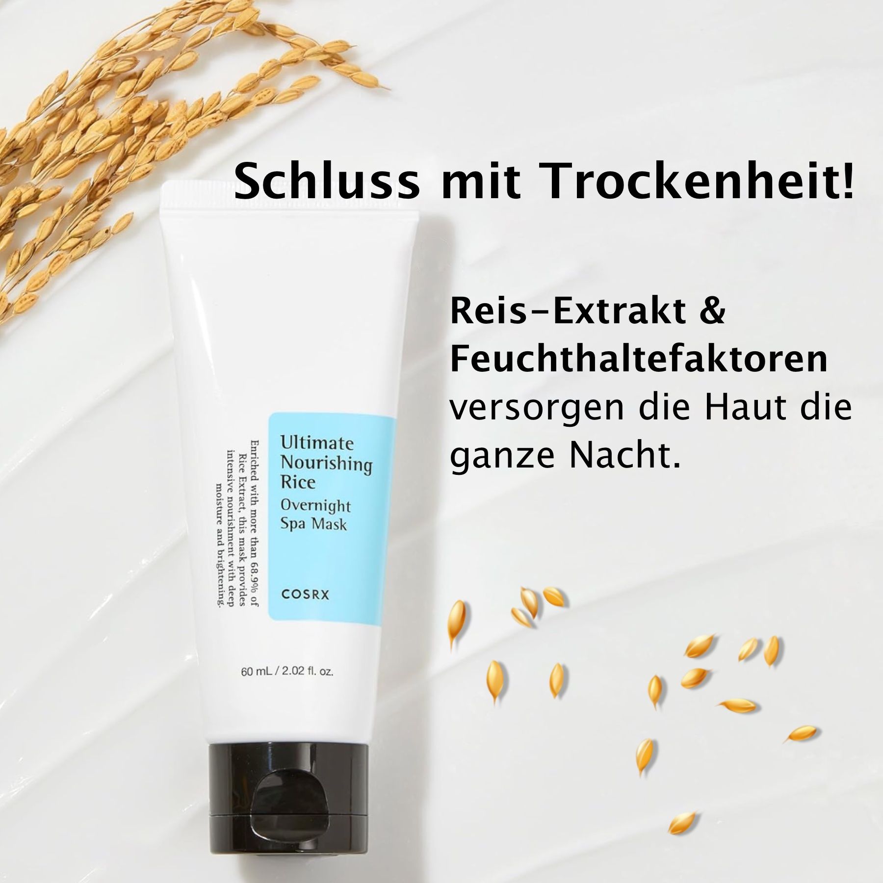 Weiße Tube mit schwarzem Deckel. Aufschrift: Ultimate Nourishing Rice Overnight Spa Mask. Marke: COSRX. Hintergrund: Getreideähren.