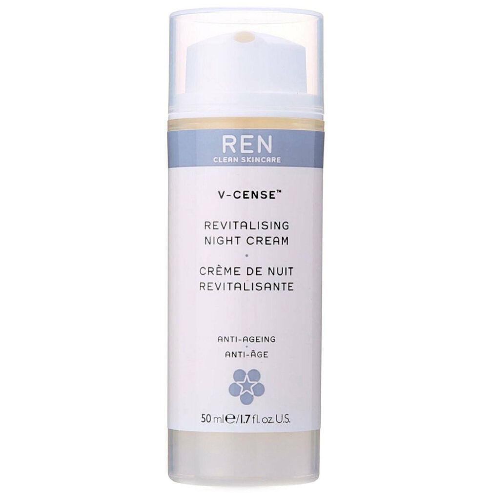 Creme-Flakon mit Aufschrift REN, V-CENSE, Revitalising Night Cream. Enthält 50 ml. Anti-Aging.