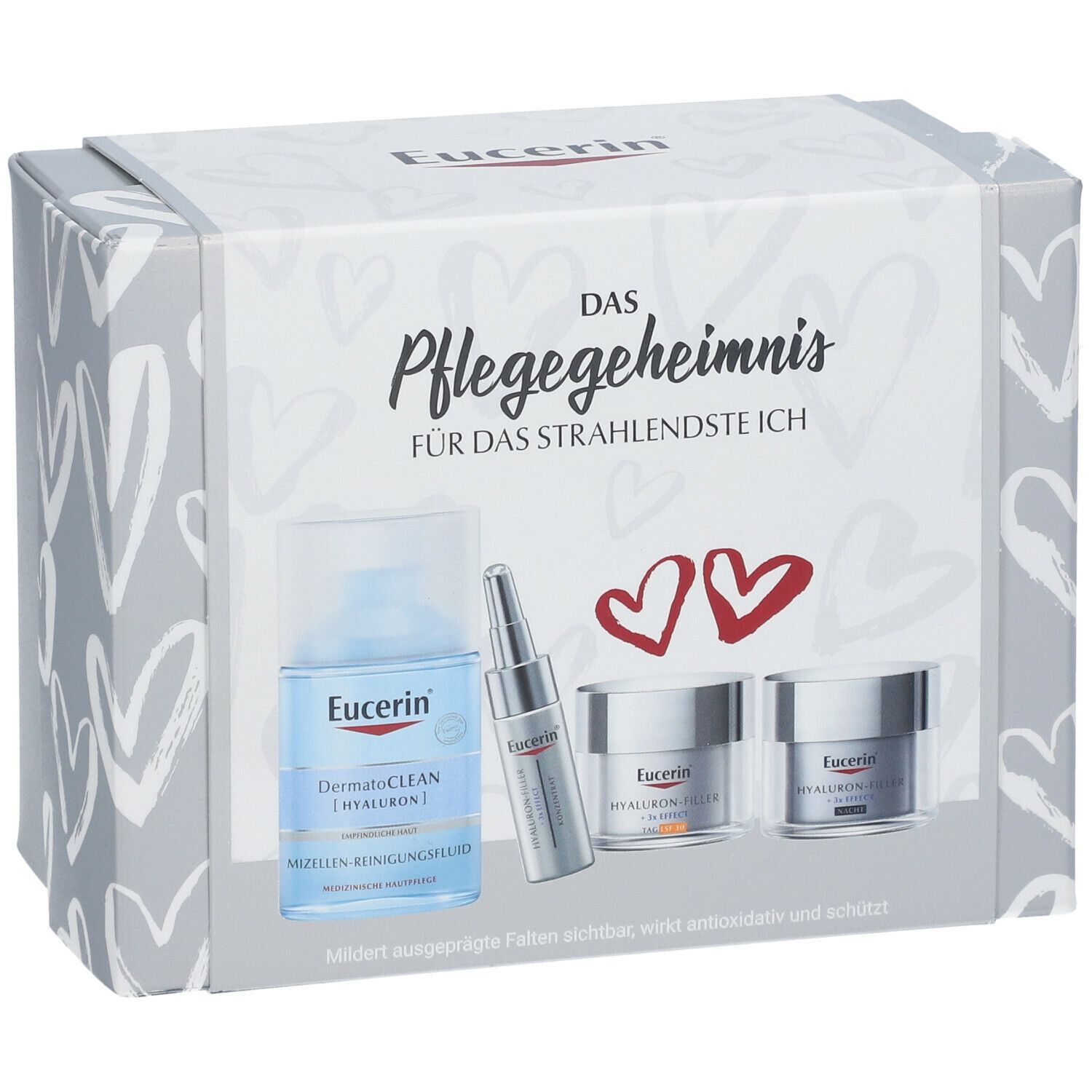Geschenkset mit Gesichtspflegeprodukten. Enthält Reinigungsflüssigkeit, Serum und Cremes. Eucerin Logo und Produktnamen sichtbar.