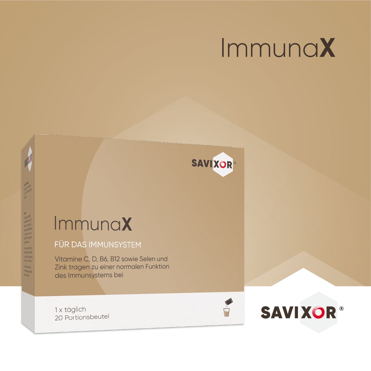 Savixor ImmunaX, Box. Box mit Produktnamen und Logo. Für das Immunsystem. 20 Portionen.
