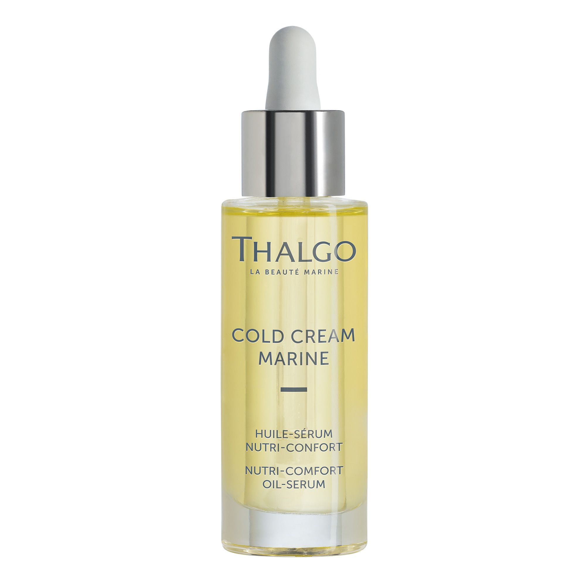 Glasflasche mit Serum, silberner Verschluss und Pipette. Beschriftung: THALGO, COLD CREAM MARINE, HUIL-SERUM NUTRI-CONFORT, NUTRI-CONFORT OIL-SERUM.