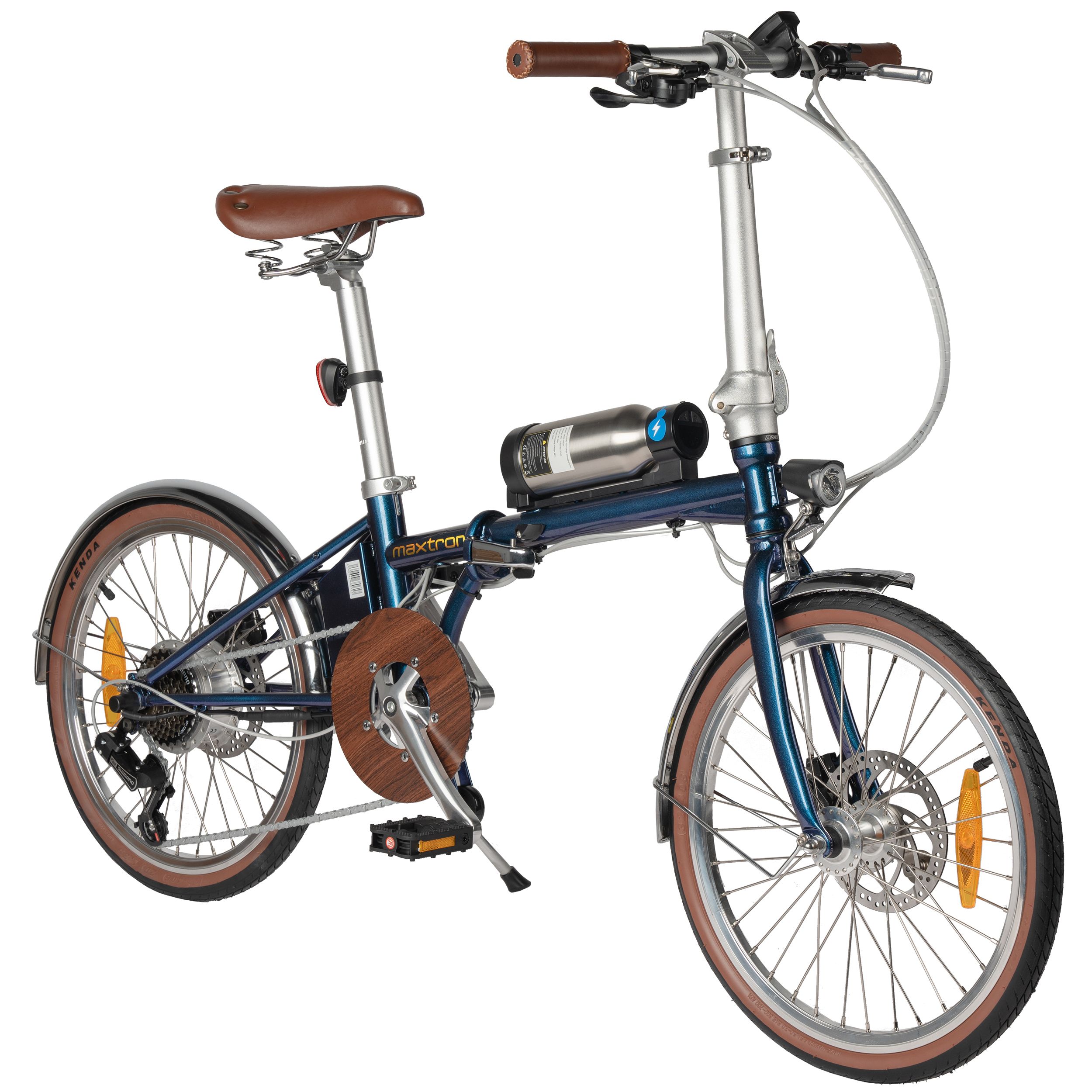 Blaues E-Bike mit braunem Sattel und Reifen. Silberne Batterie. Scheinwerfer und Pedale. Maxtron-Logo.