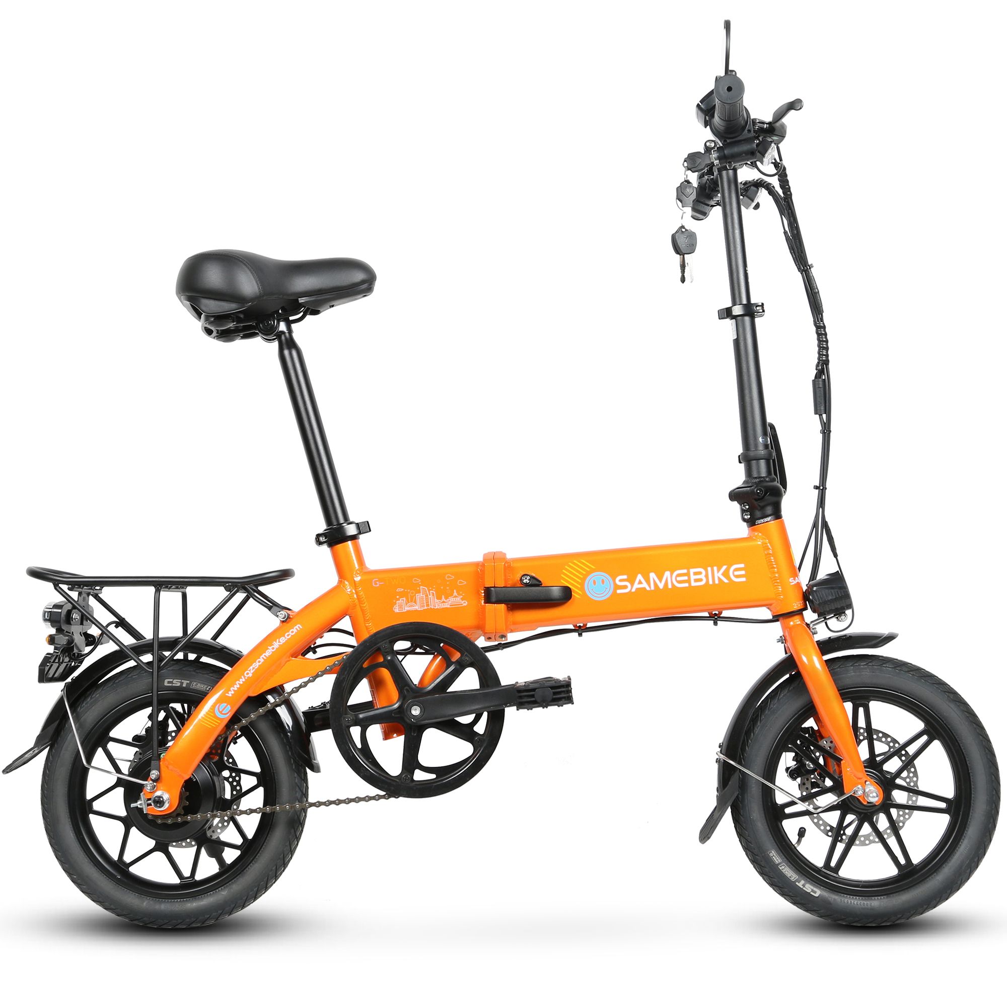 Zusammenklappbares E-Bike, orangefarben, mit Gepäckträger. Marke SAMEBIKE.