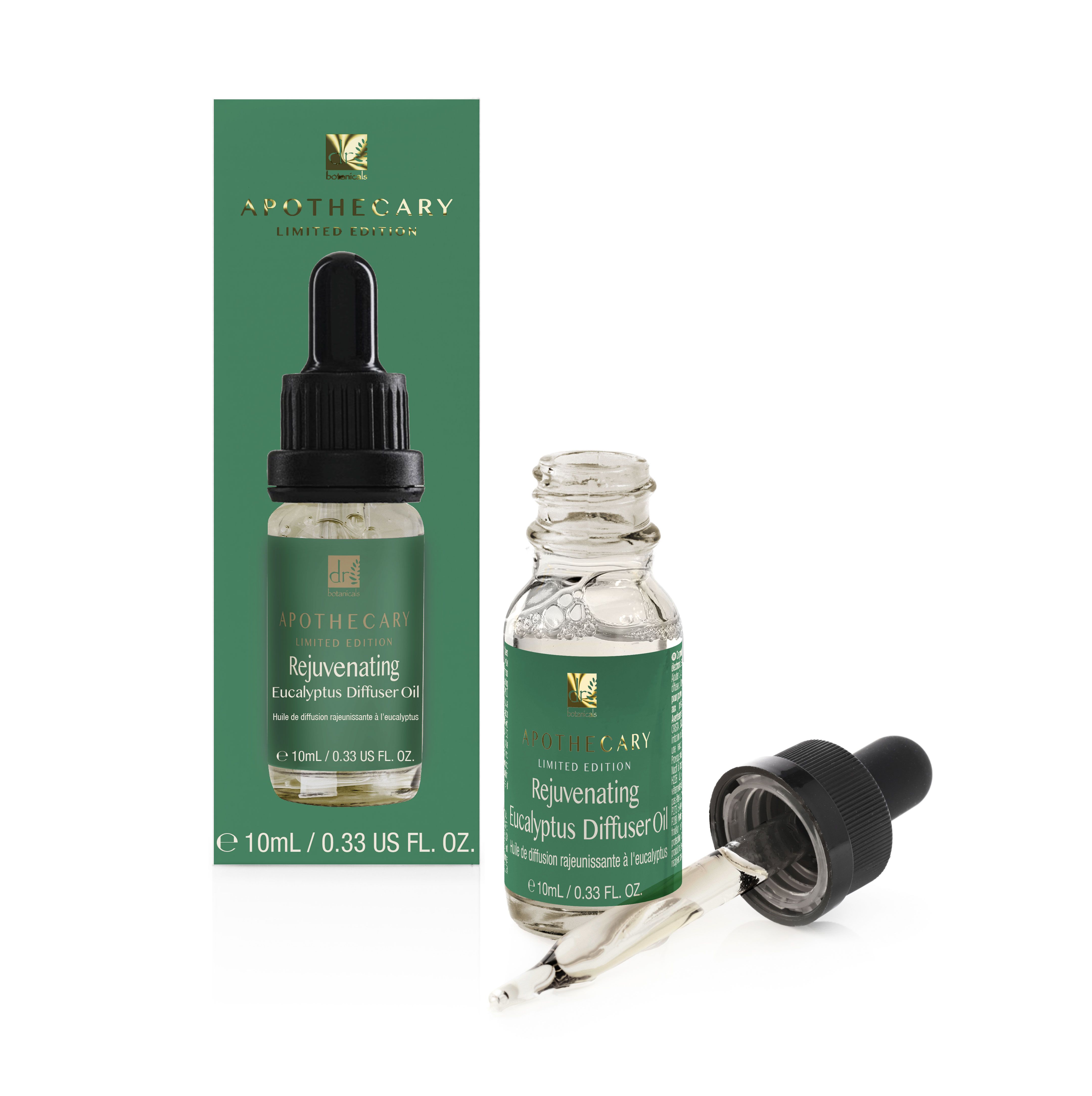 Glasflasche mit Tropfer und ätherischem Öl. Aufschrift: Apothecary, Rejuvenating Eucalyptus Diffuser Oil. Grüne Etiketten.