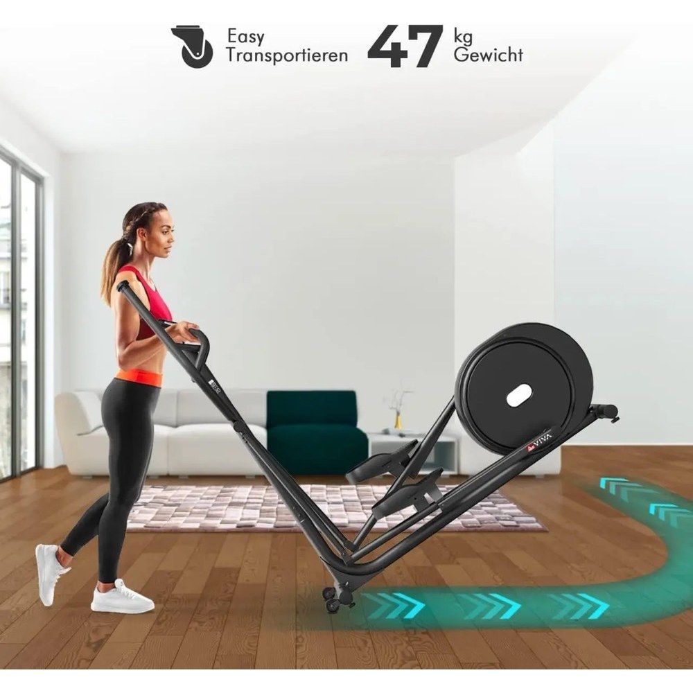 Crosstrainer mit Transporträdern und einem Gewicht von 47kg, leicht zu bewegen.
