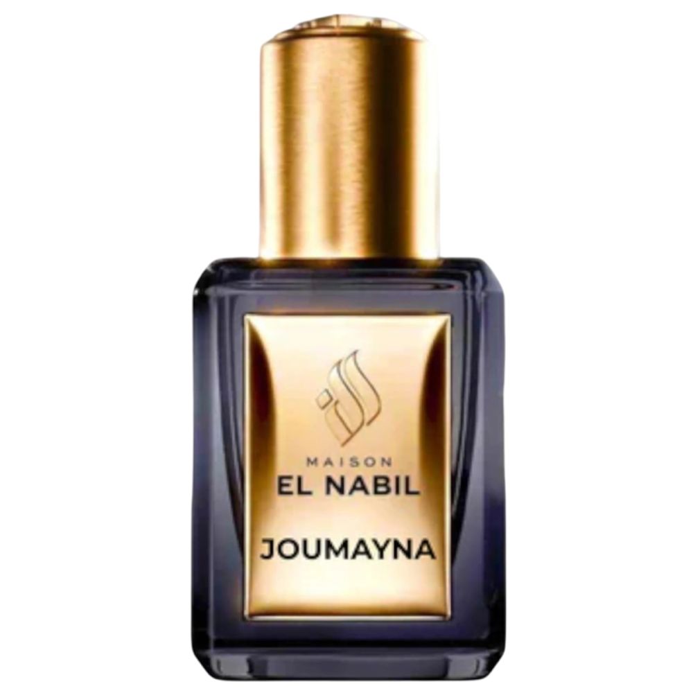 Dunkelblaue Flasche mit goldfarbenem Deckel. Auf dem Etikett steht "MAISON EL NABIL" und "JOUMAYNA".