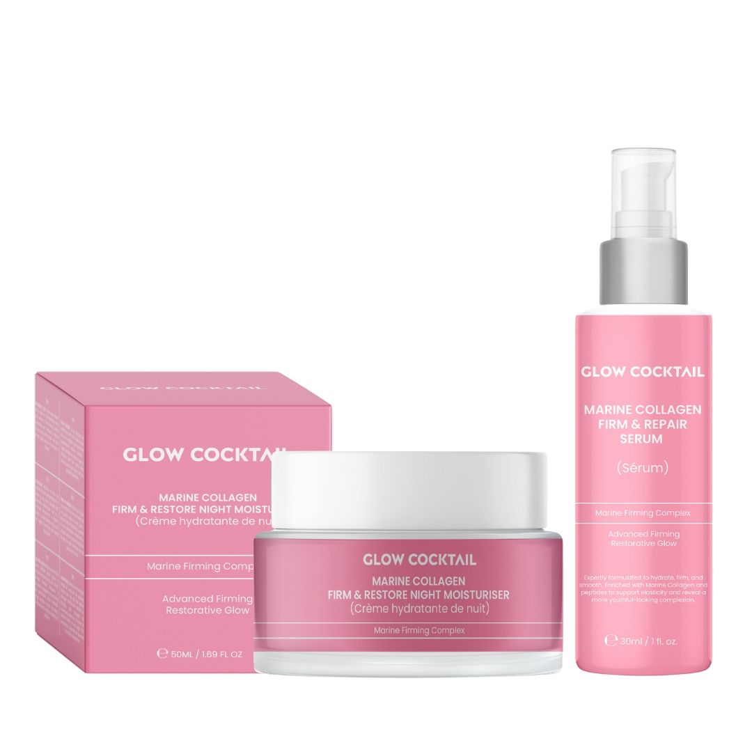 Rosa Verpackung mit zwei Produkten: Flasche mit Sprühkopf und Tiegel. Aufschrift: Glow Cocktail, Marine Collagen. Produktnamen.