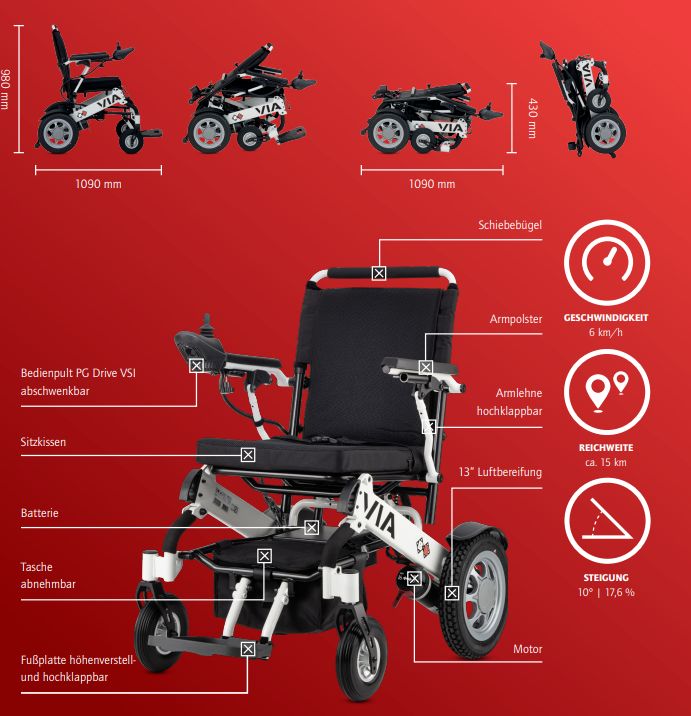Bischoff & Via faltbarer Elektrorollstuhl mit Lithium-Ionen-Batterie, Reichweite 22 km 1 St