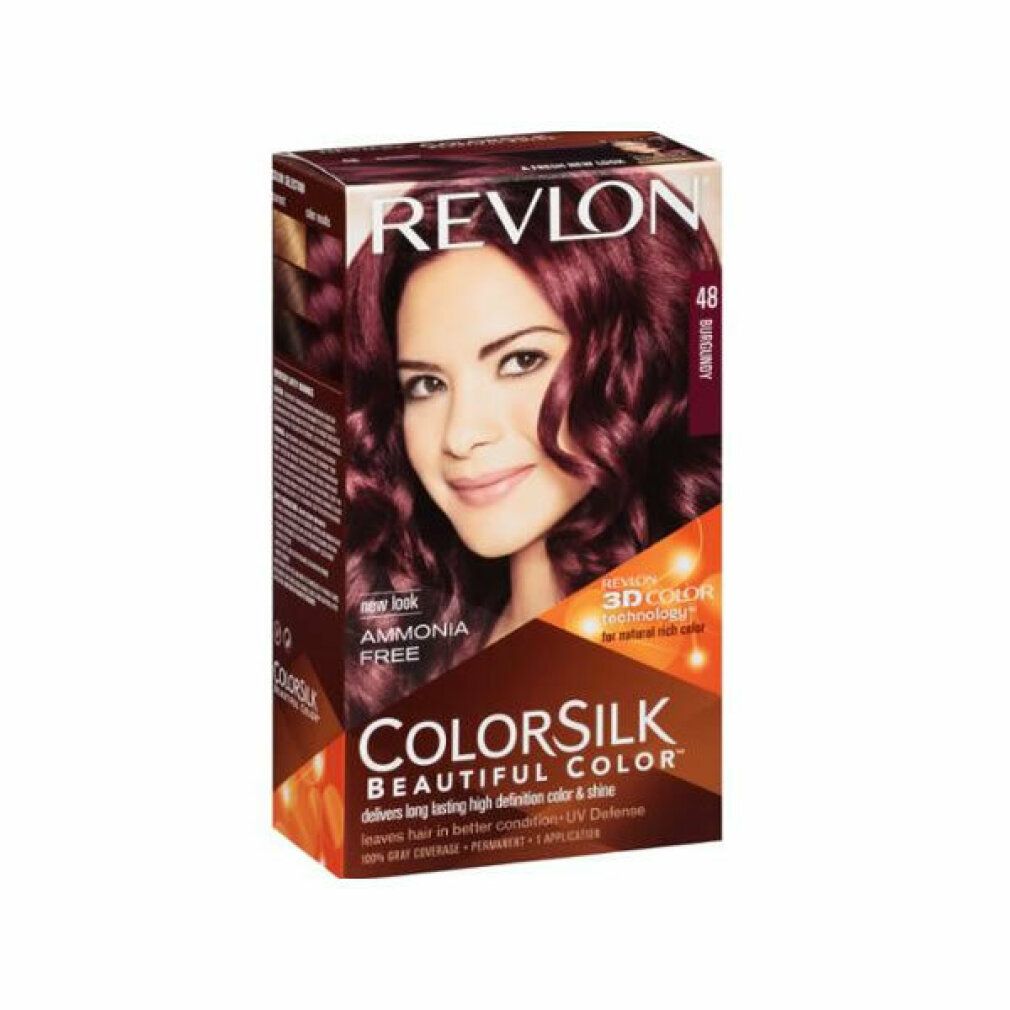 Revlon Colorsilk Box. Frau mit burgunderfarbenem Haar. Enthält: Ammonia Free, 3D Color Technologie.