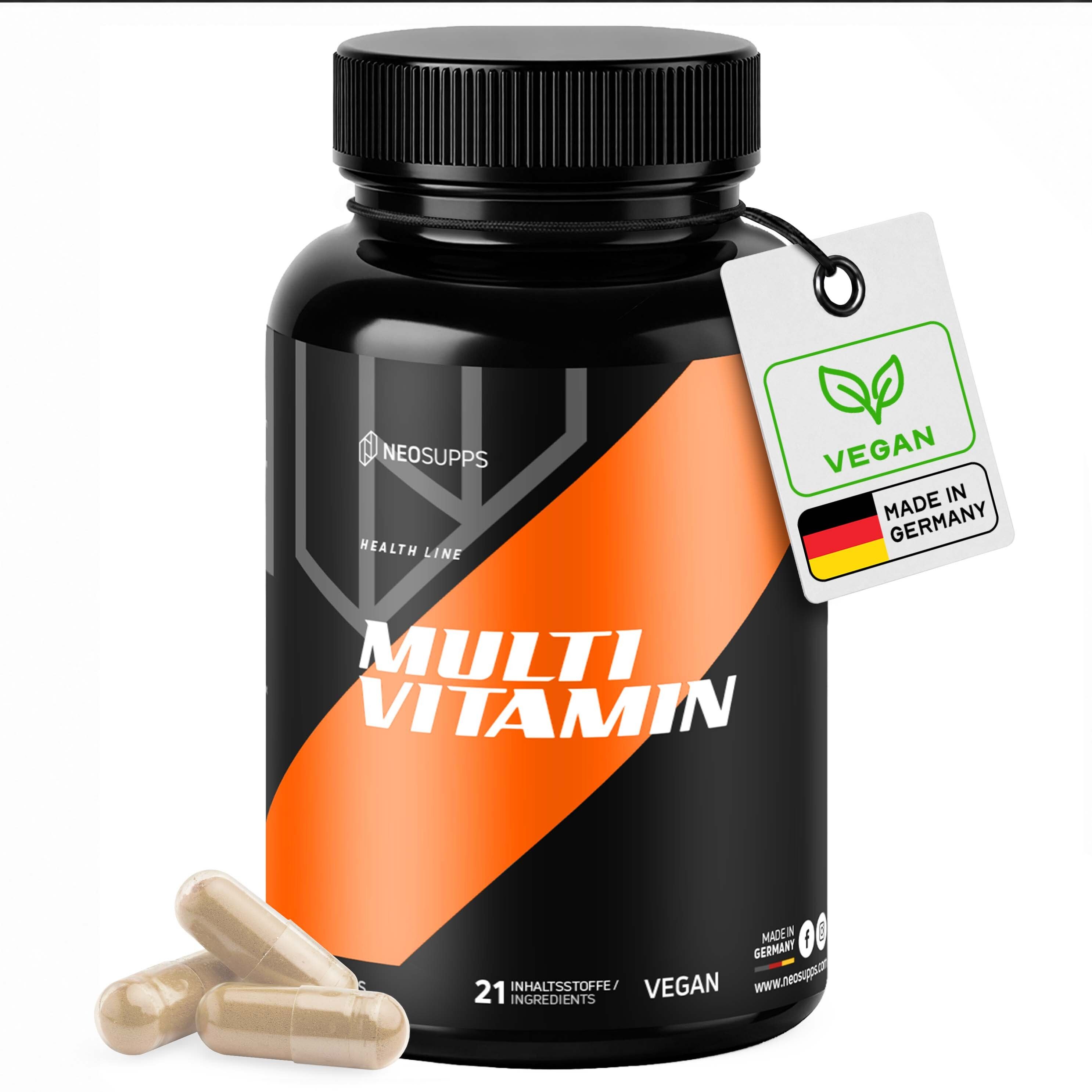 Neosupps Multivitamin Kapseldose mit "Vegan" und "Made in Germany" Siegeln.