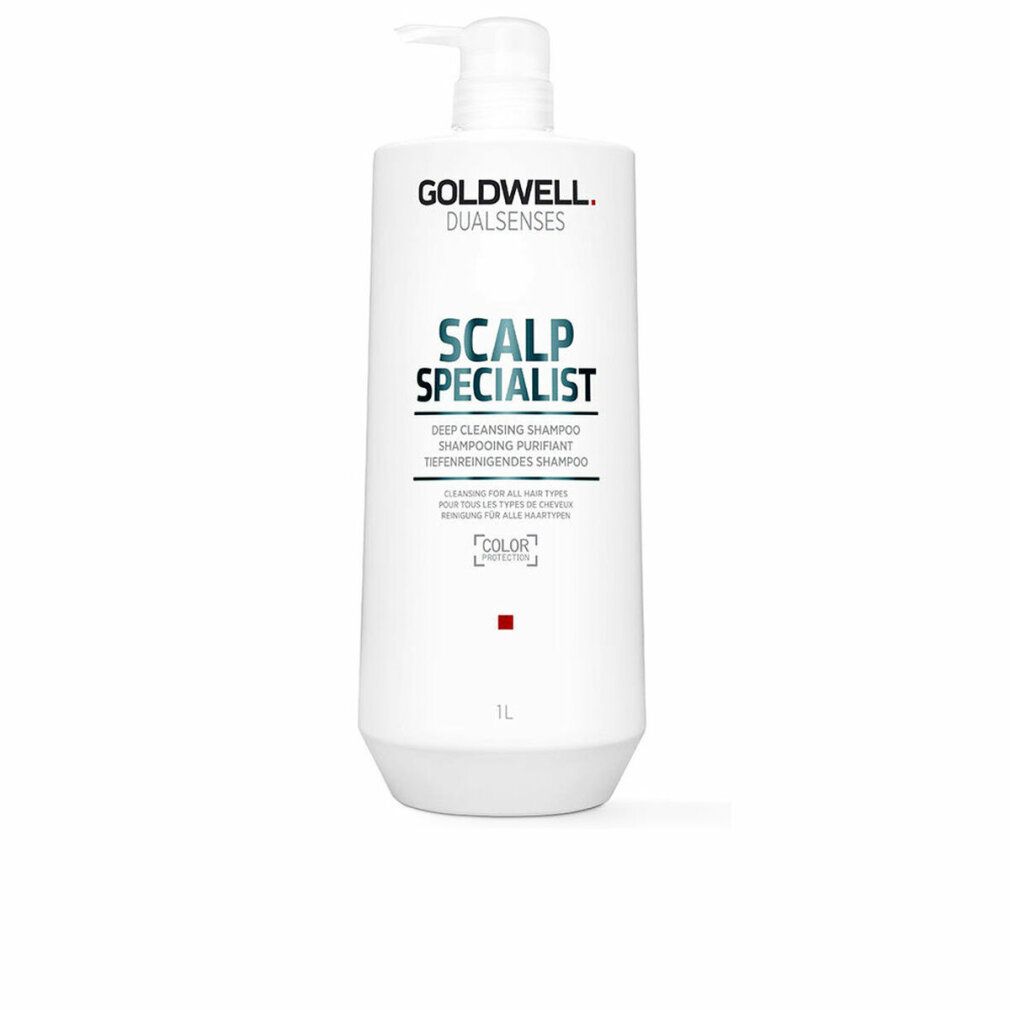 Weiße Shampoo-Flasche mit Pumpe. Text: Goldwell Dualsenses, Scalp Specialist, Deep Cleansing Shampoo.