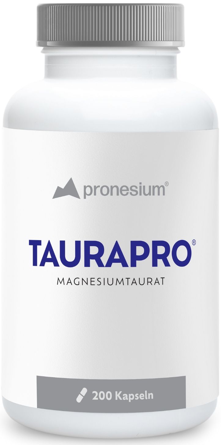 Weiße Flasche mit grauem Deckel. Aufschrift TAURAPRO, darunter Magnesiumtaurat. 200 Kapseln.